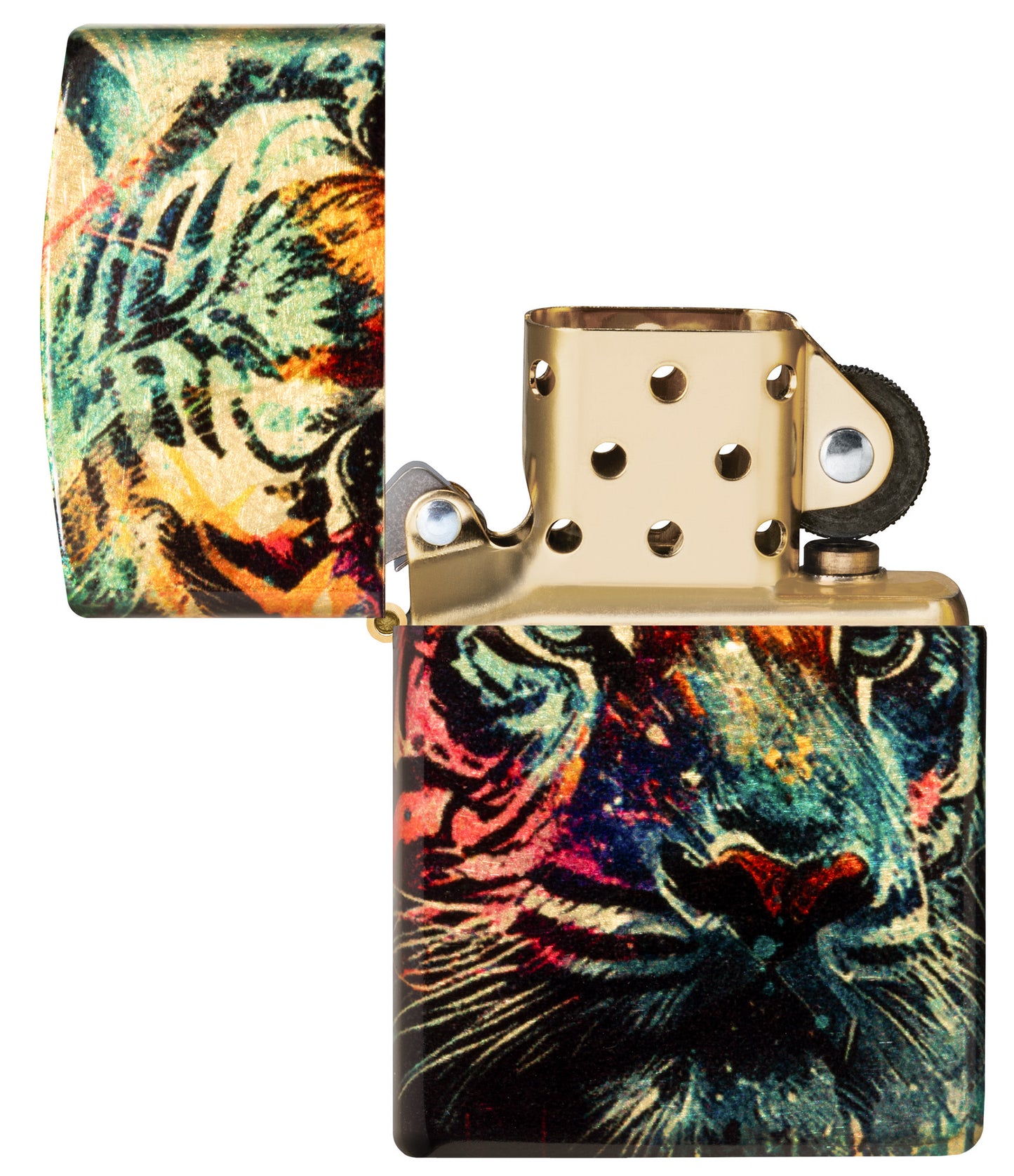 Zippo Painted Tiger Design 540 Tumbled Brass Windproof Lighter with its lid open and unlit.