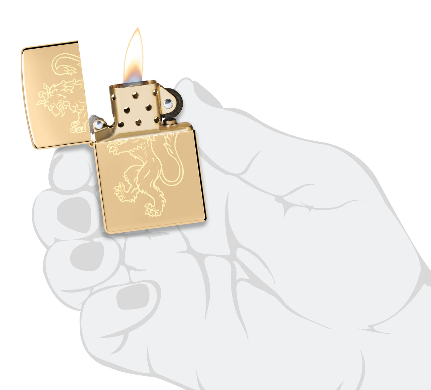 Zippo Fighting Lion Design High Polish Brass Windproof Lighter lit in hand.