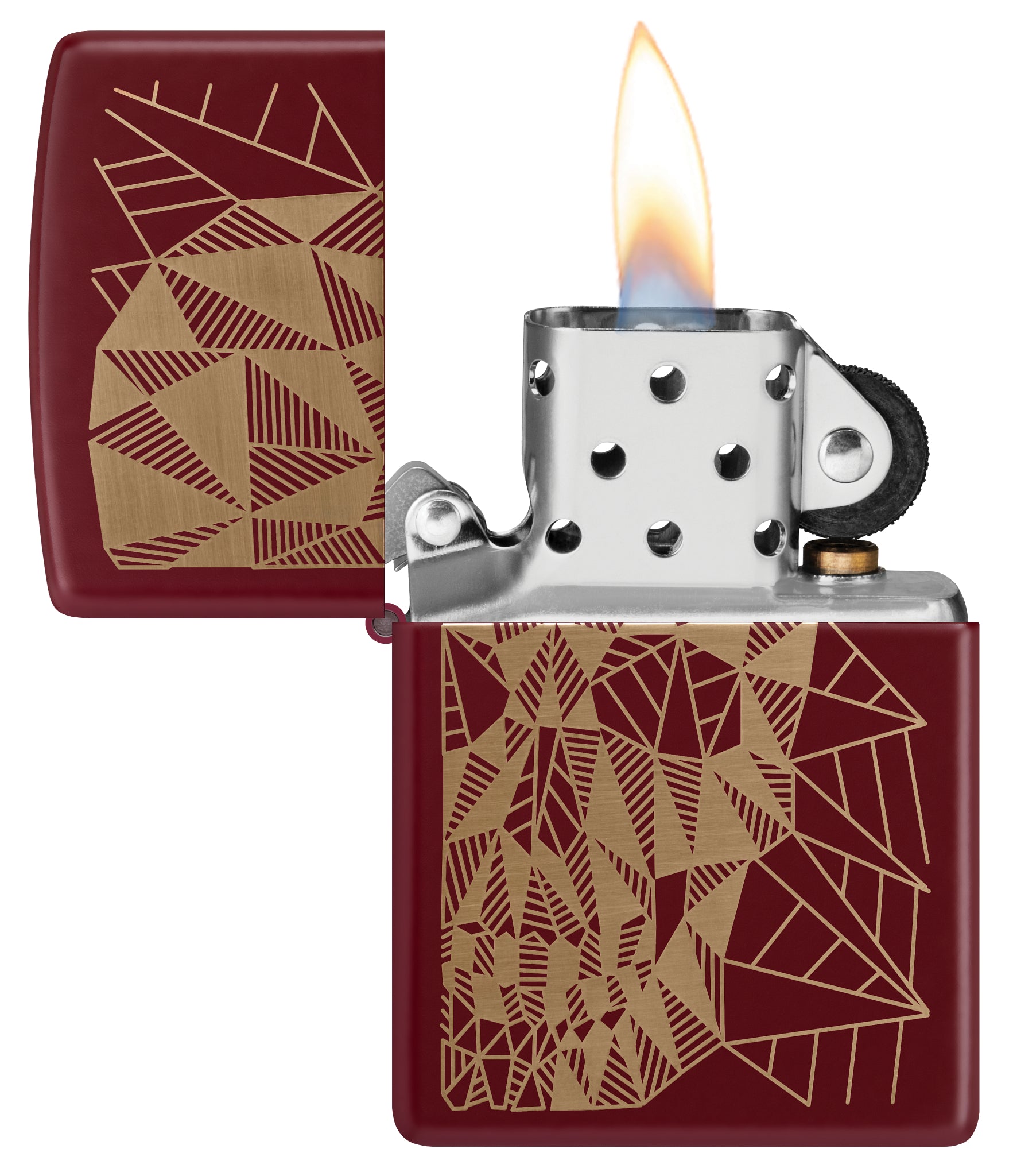 Zippo Geometric Skull Design Merlot Windproof Lighter  with its lid open and lit.