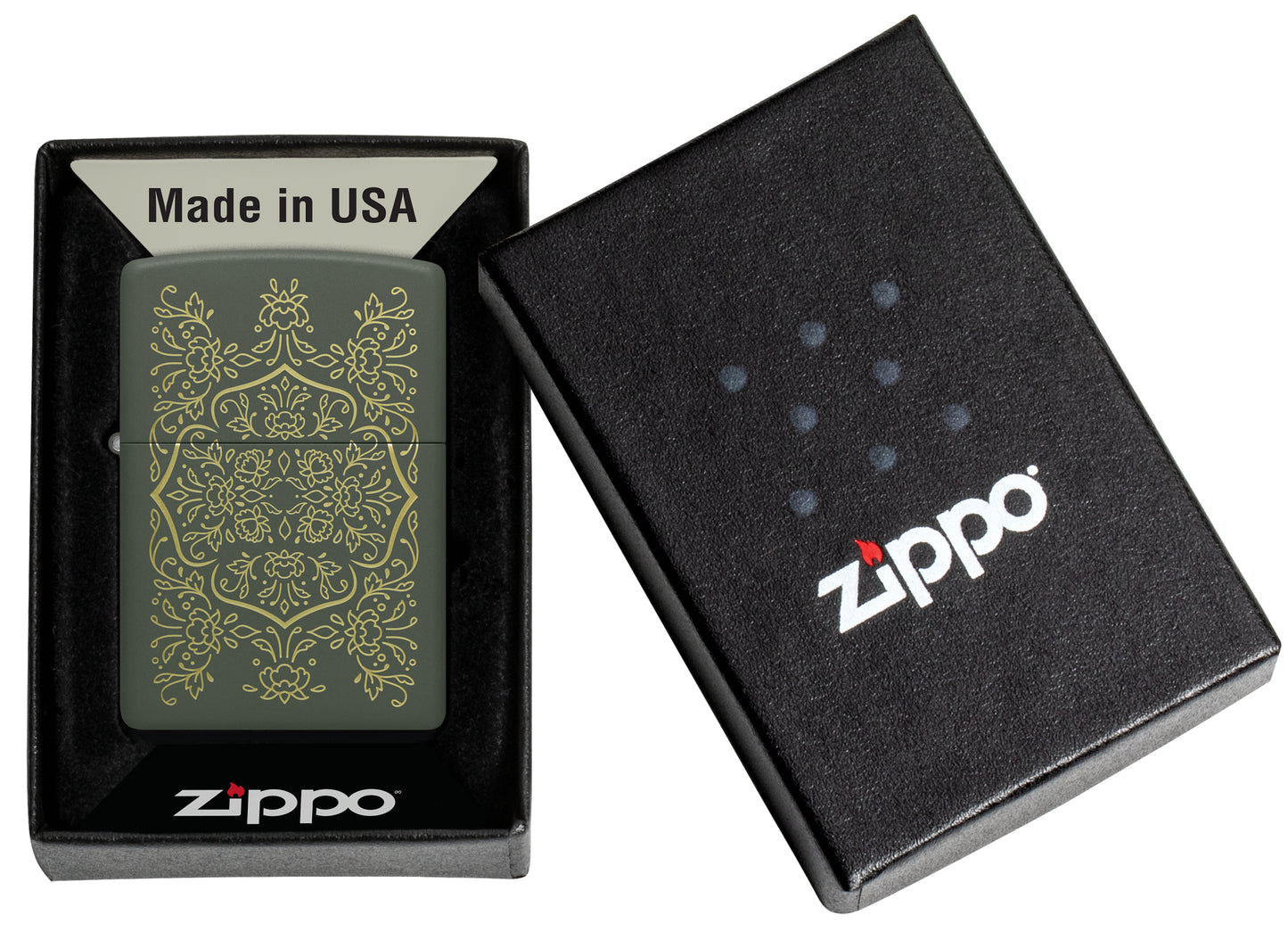 Zippo Floral Mandala Design Green Matte Windproof Lighter in its packaging.