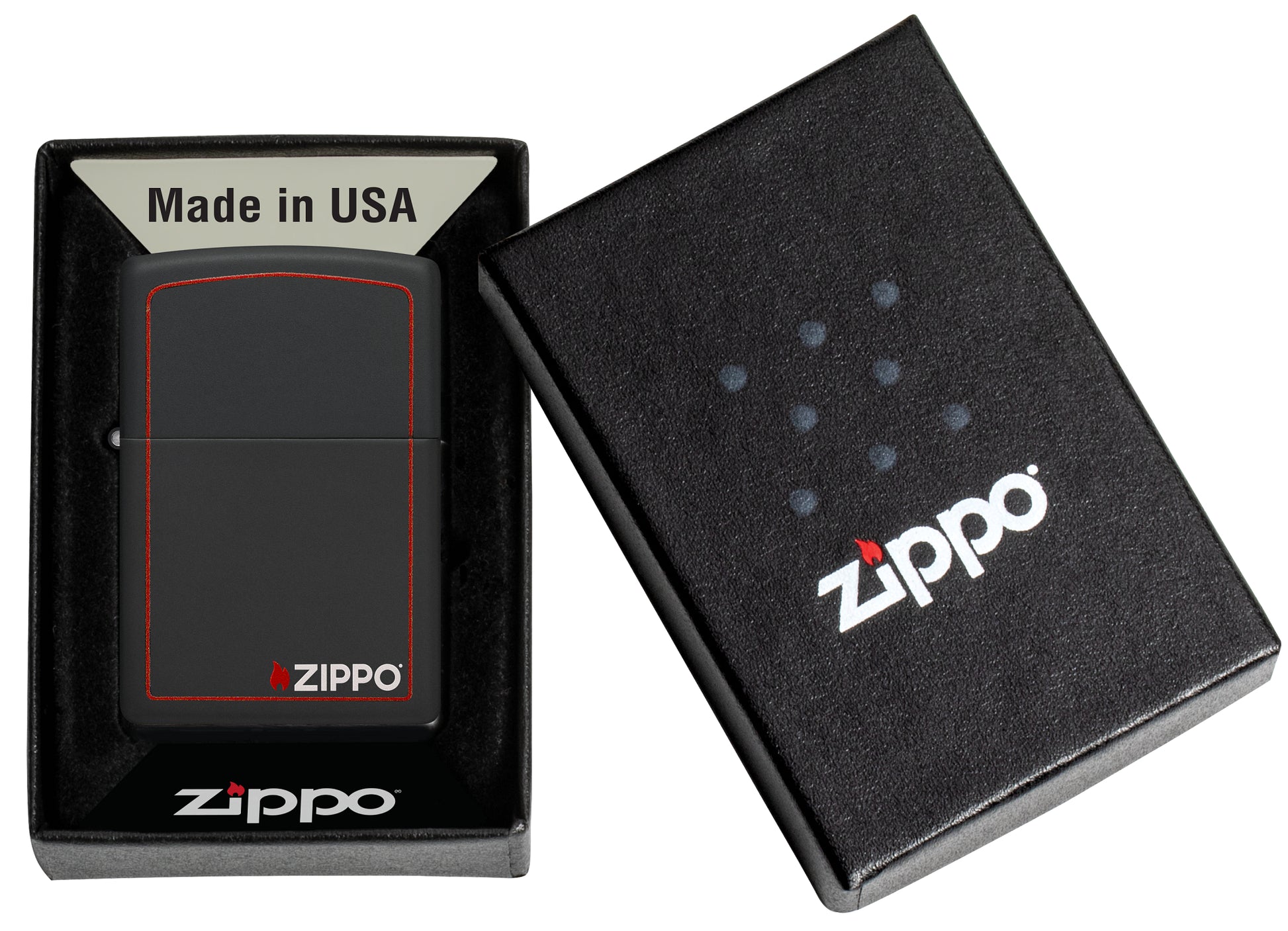 Classic Zippo Logo with Red Border Black Matte Windproof Lighter in its packaging.