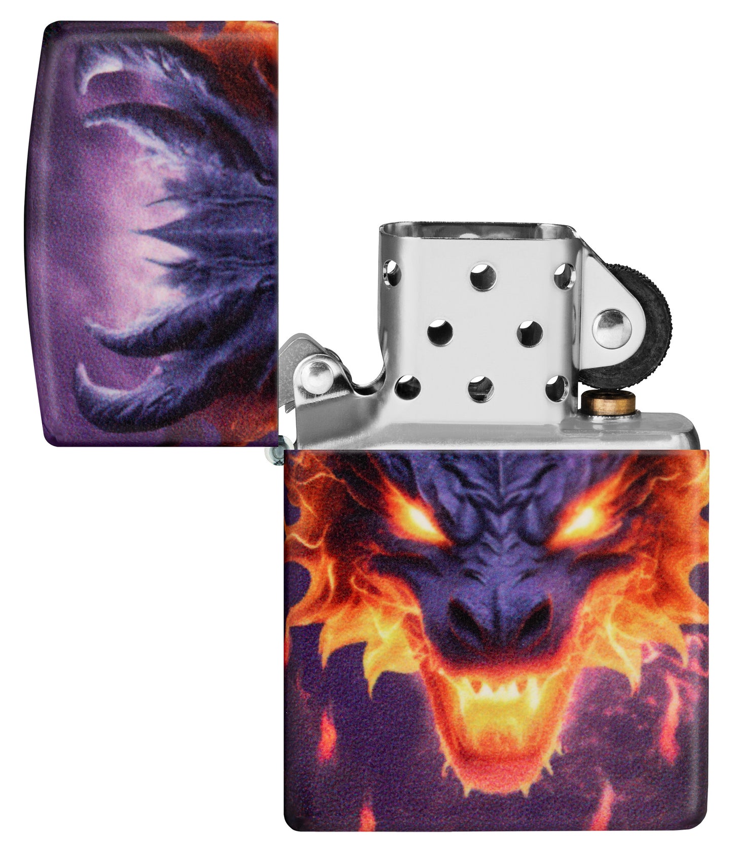 Zippo Glowing Dragon Design 540 Color Glow in the Dark Windproof Lighter with its lid open and unlit.
