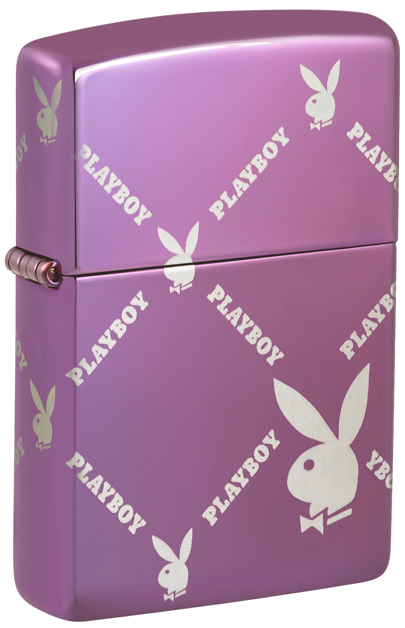 Front shot of Zippo Playboy Argyle Design High Polish Purple Windproof Lighter standing at a 3/4 angle.