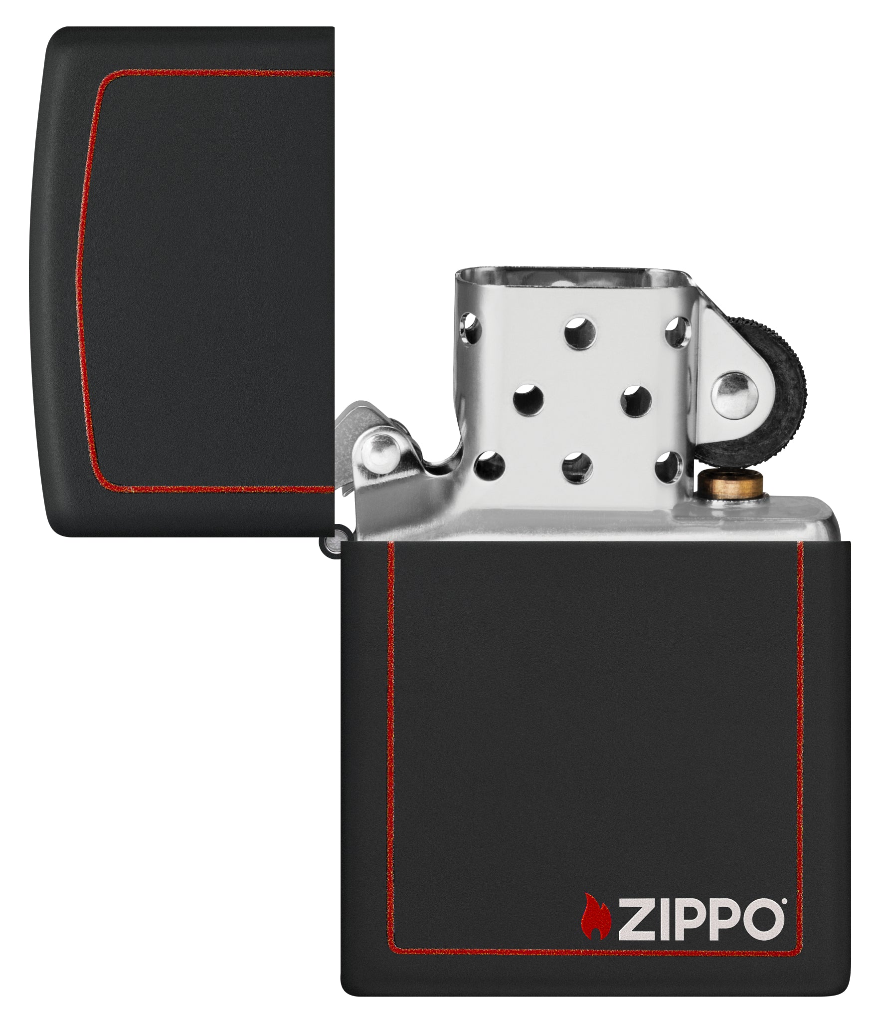 Classic Zippo Logo with Red Border Black Matte Windproof Lighter with its lid open and unlit.