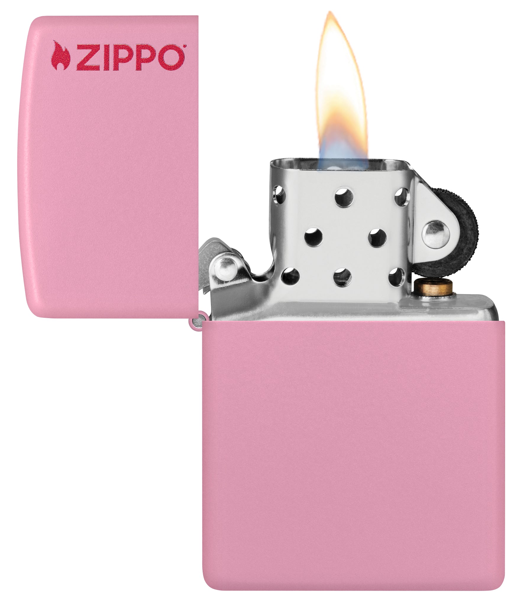 Classic Pink Matte Zippo Logo Windproof Lighter with its lid open and lit.