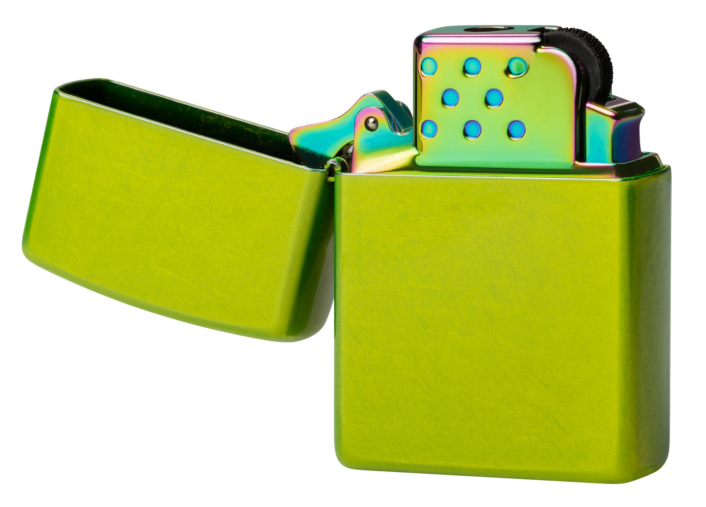 Front view of Zippo Yellow Flame Butane Insert - Green/Spectrum/Iridescent in a green case (Sold Separately) standing at a 3/4 angle with its lid open and unlit.