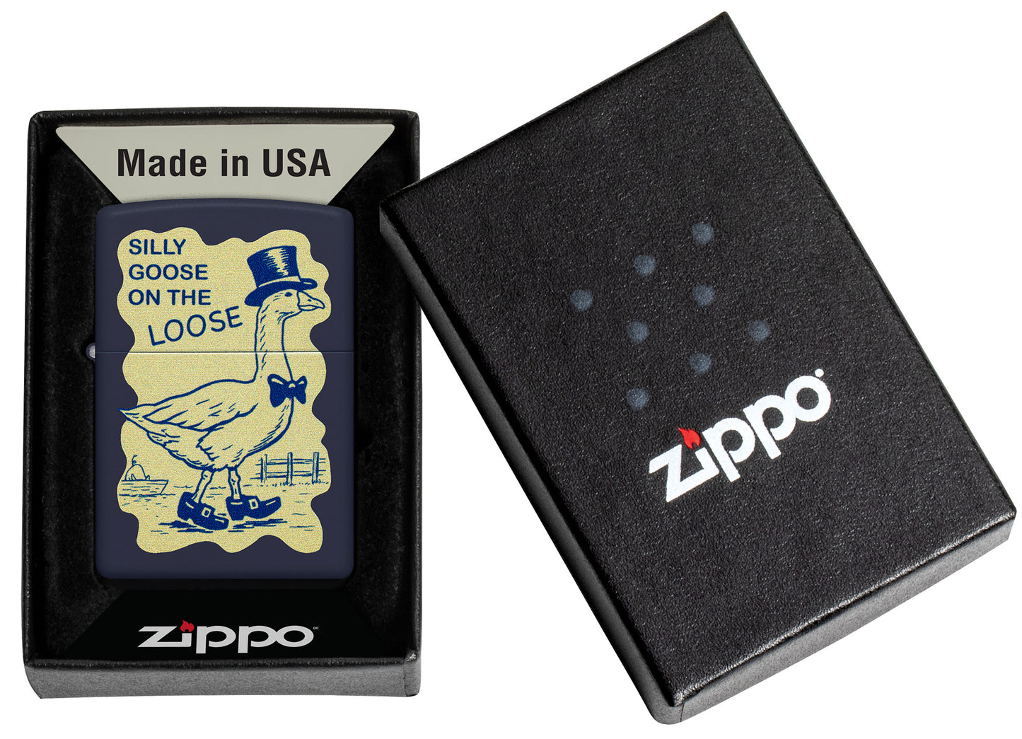 Zippo Silly Goose Design Navy Blue Matte Windproof Lighter in its packaging.