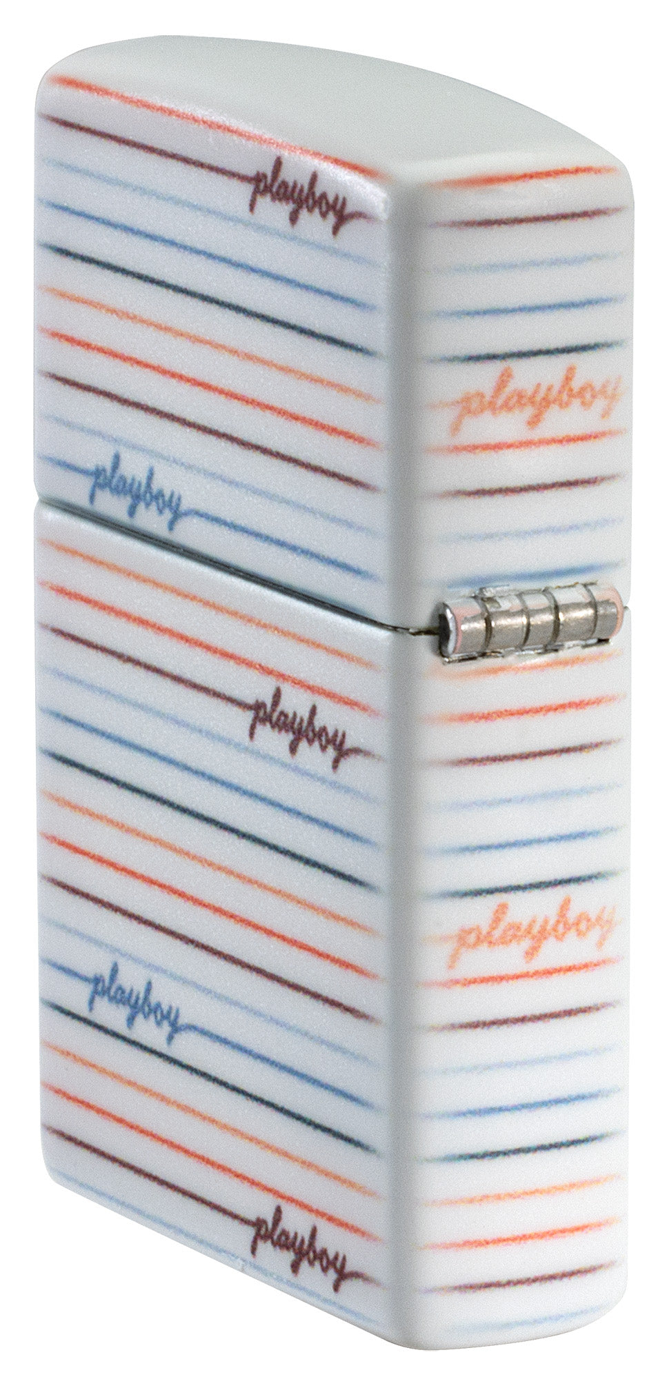 Angled shot of Zippo Playboy Rabbit Silhouette Line Design White 540 Matte Windproof Lighter showing the back and hinge sides of the lighter.