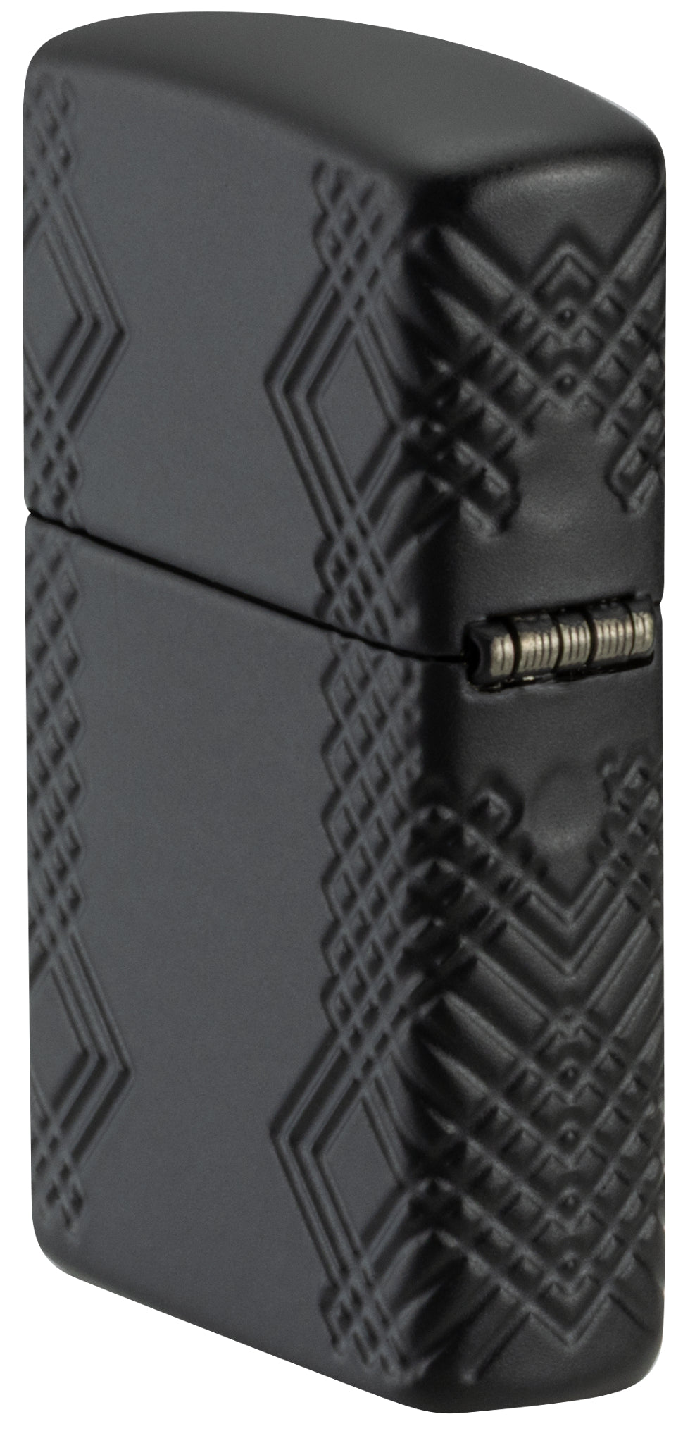 Angled shot of  Zippo Rivet Flame Armor® Black Matte Windproof Lighter showing the back and hinge sides of the lighter.