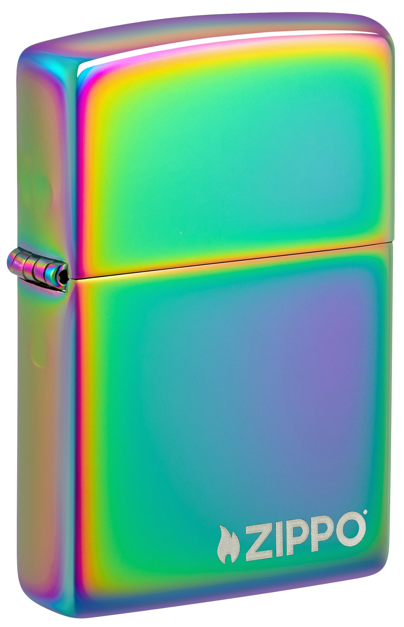 Front shot of Classic Multi Color Zippo Logo Windproof Lighter standing at a 3/4 angle.