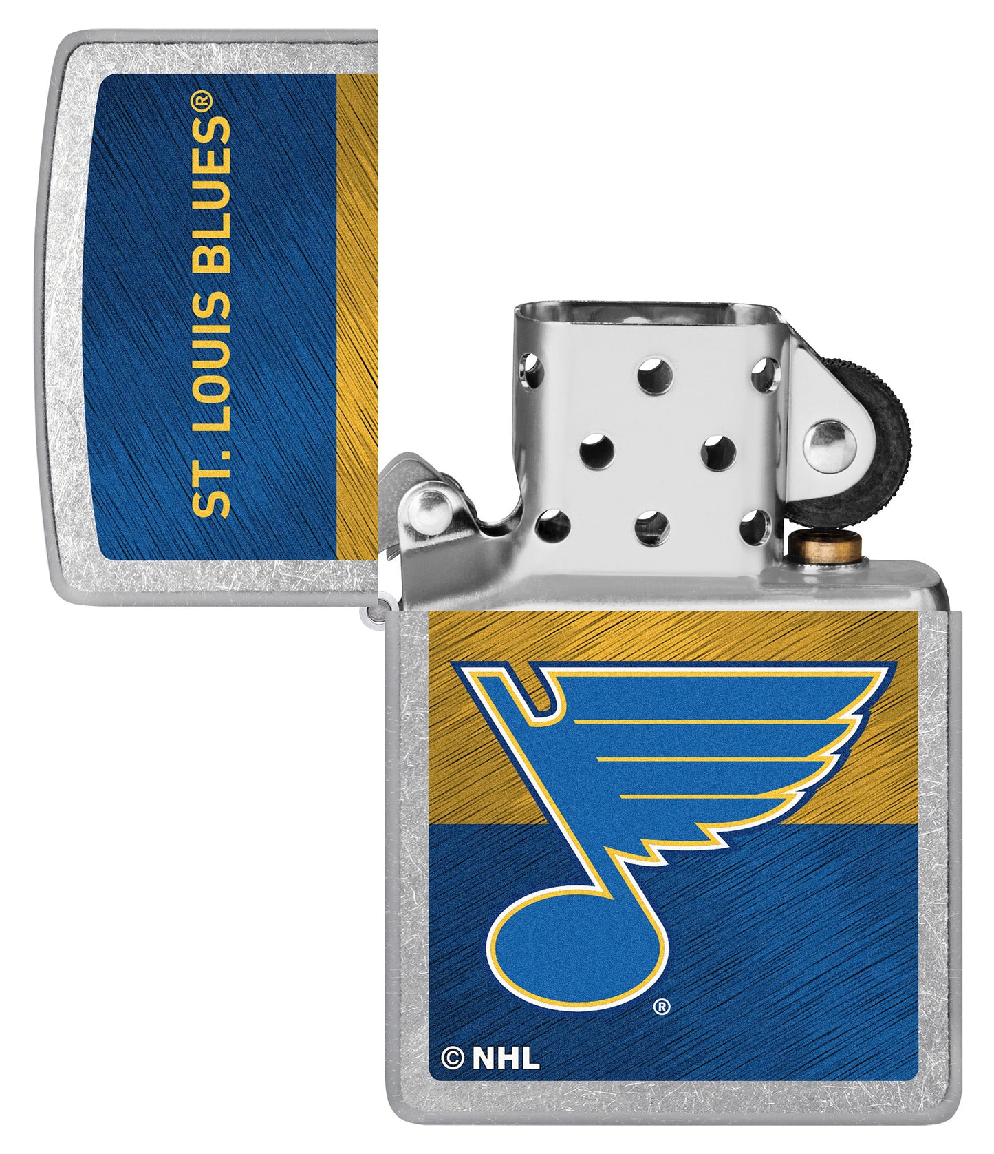 NHL® St Louis Blues Street Chrome™ Windproof Lighter with its lid open and unlit