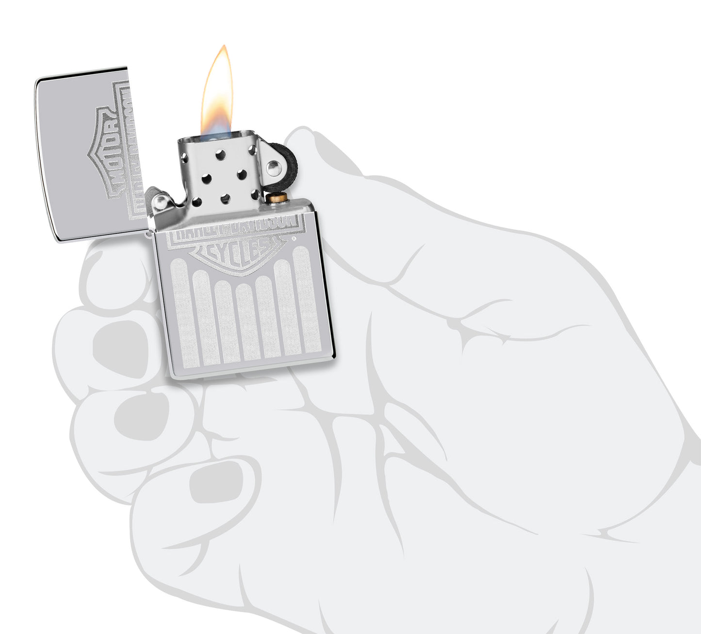 Zippo Harley-Davidson® High Polish Chrome Windproof Lighter lit in hand.