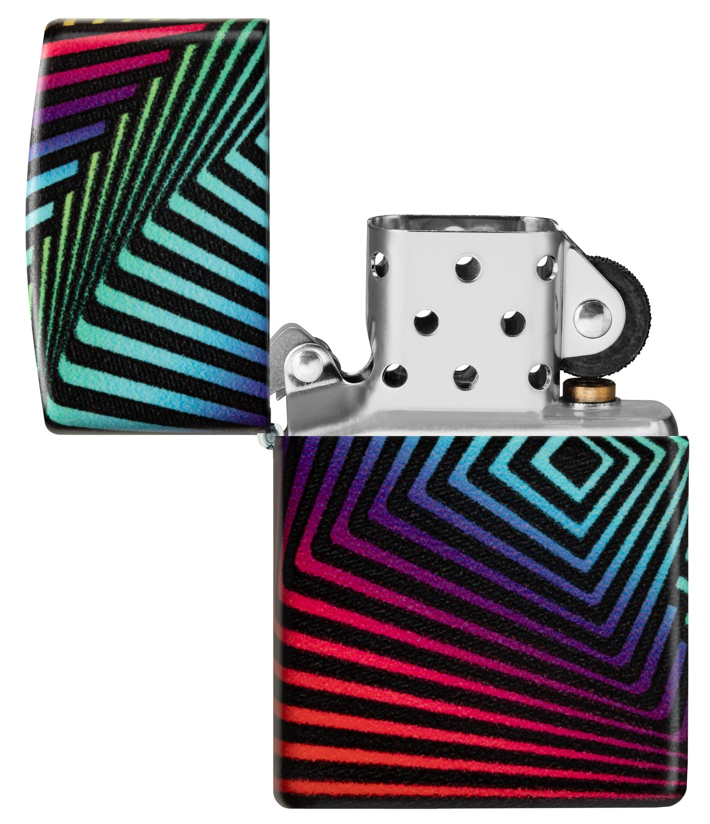 Zippo Rainbow Pattern Design 540 Color Windproof Lighter with its lid open and unlit.