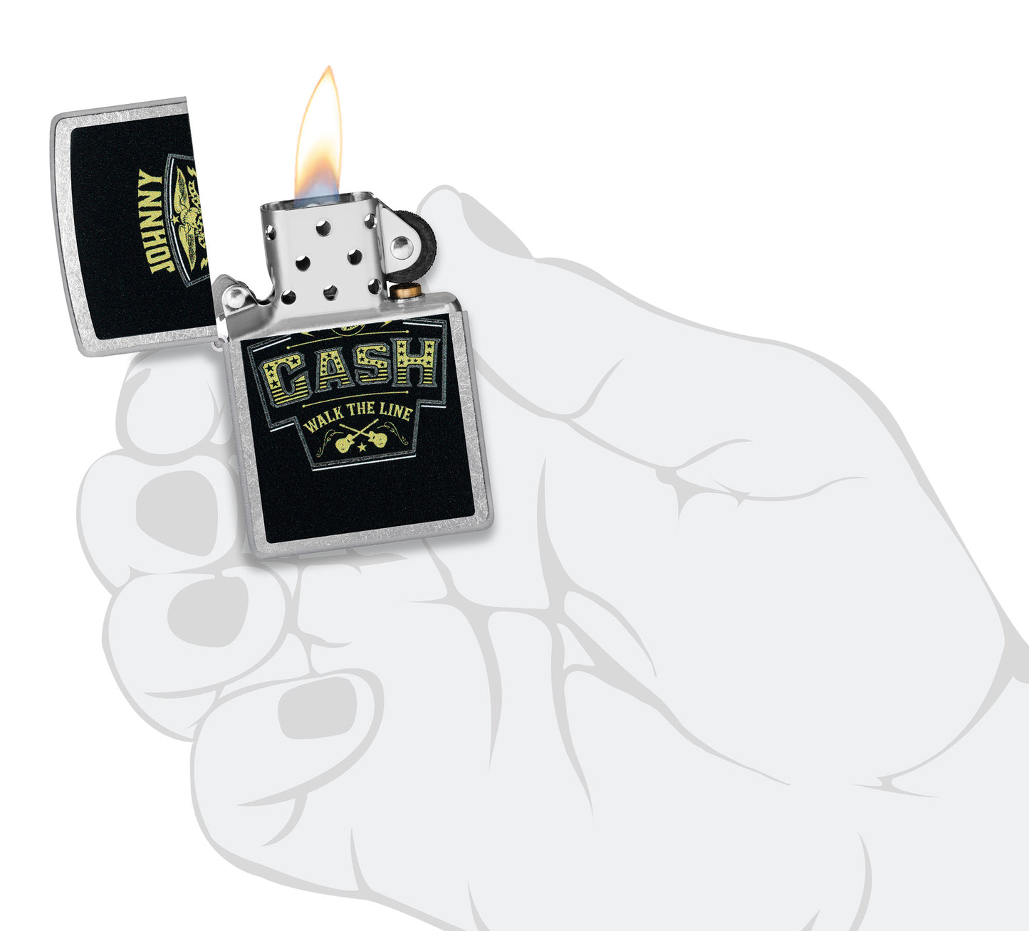 Zippo Johnny Cash Marquee Design Street Chrome Windproof Lighter lit in hand.