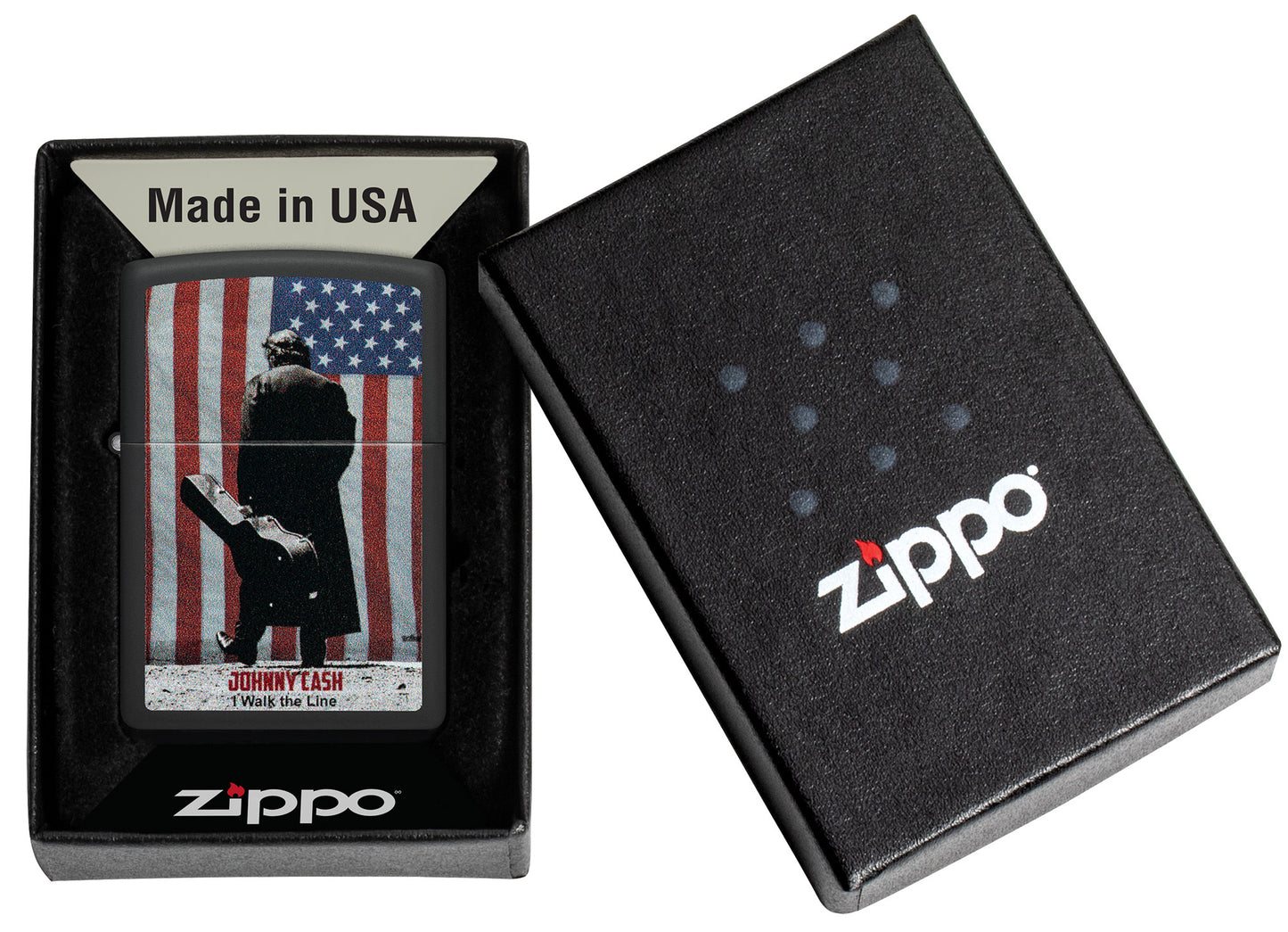 Zippo Johnny Cash Walk the Line Black Matte Windproof Lighter in its packaging.