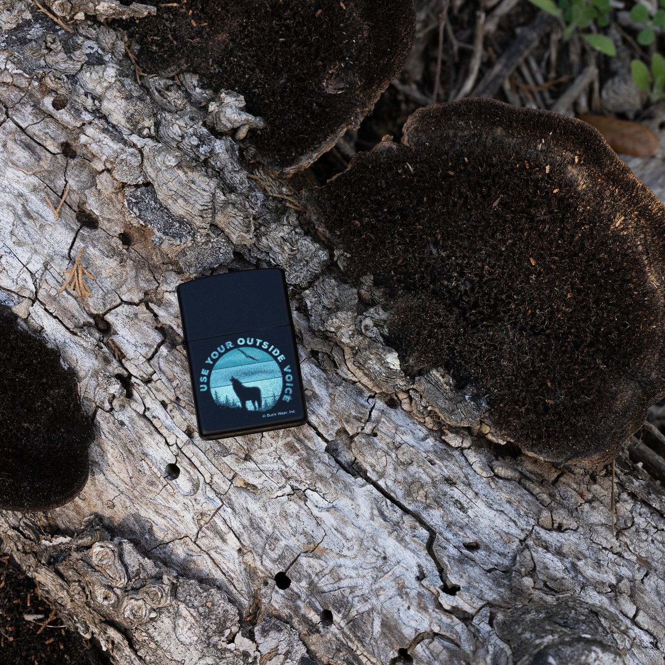 Lifestyle image of Zippo Buck Wear™ Use Your Outside Voice Design Black Matte Windproof Lighter laying on a decaying log with fungus growing nearby.