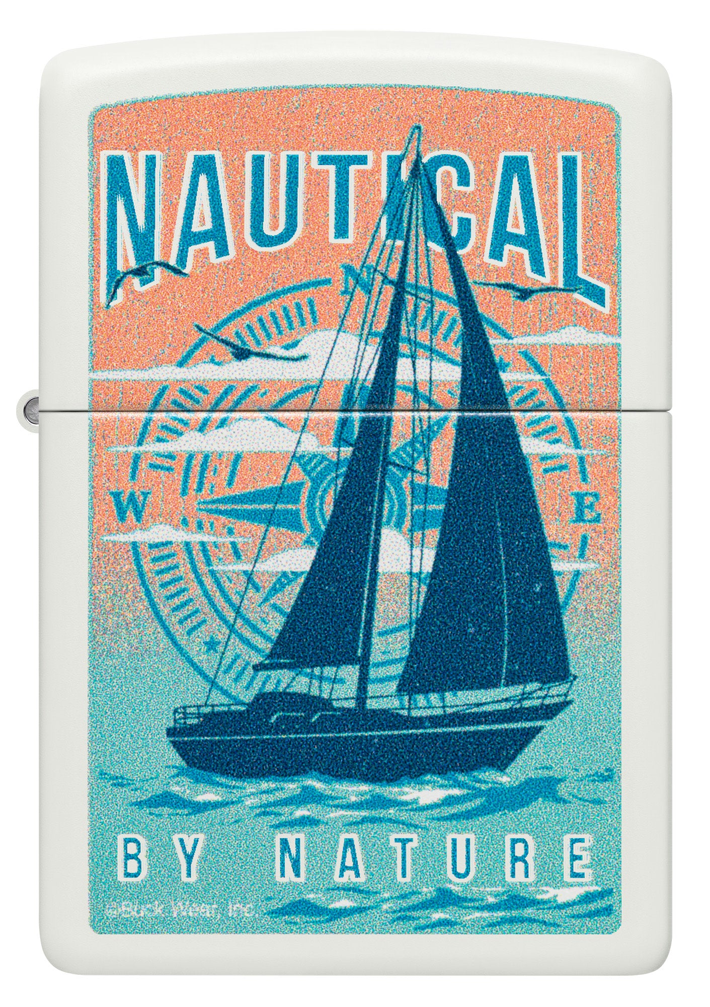 Front view of Zippo Buck Wear Nautical Design White Matte Windproof Lighter.