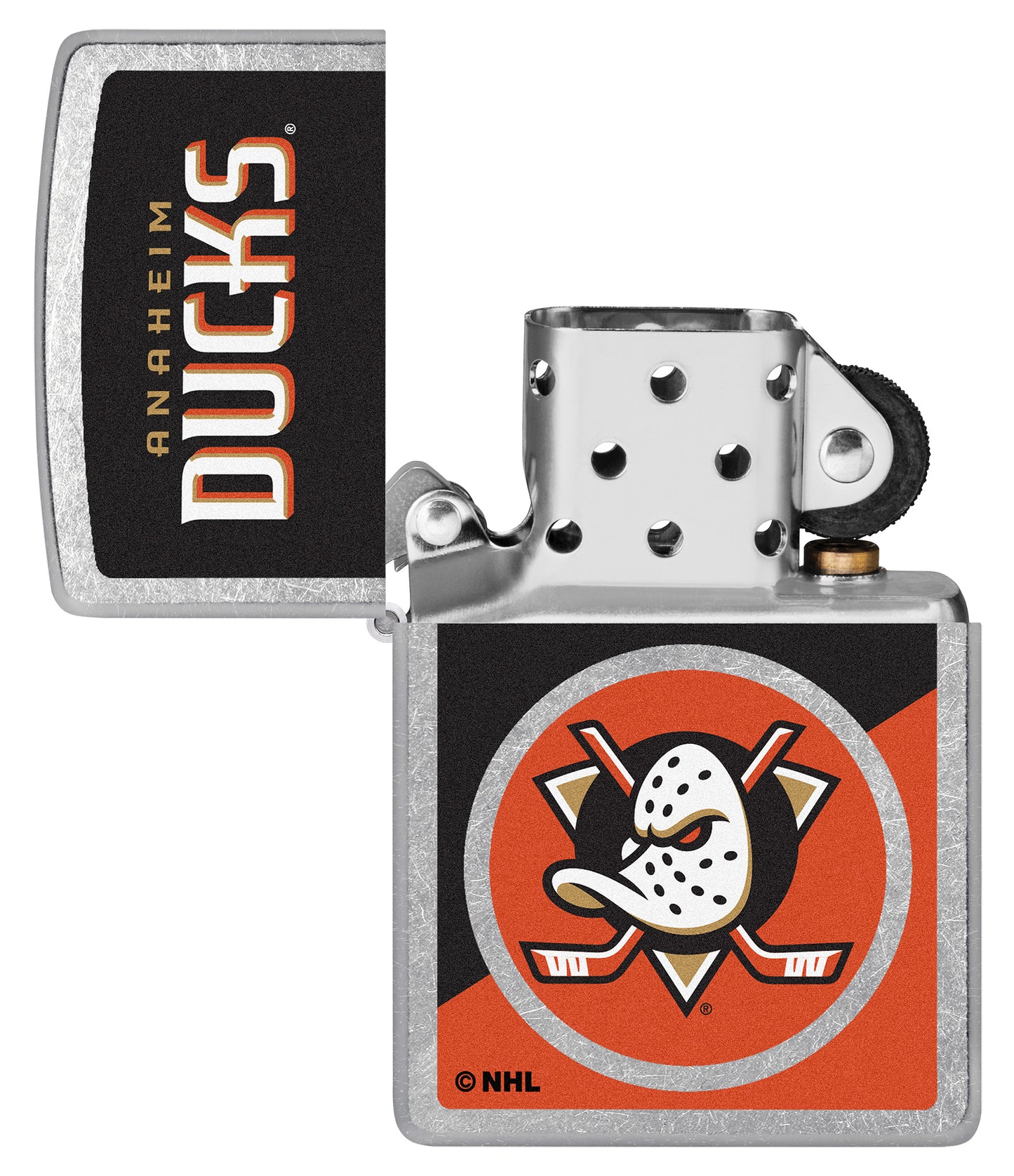 Zippo NHL® Anaheim Ducks® 2024 Street Chrome™ Windproof Lighter lit in hand.