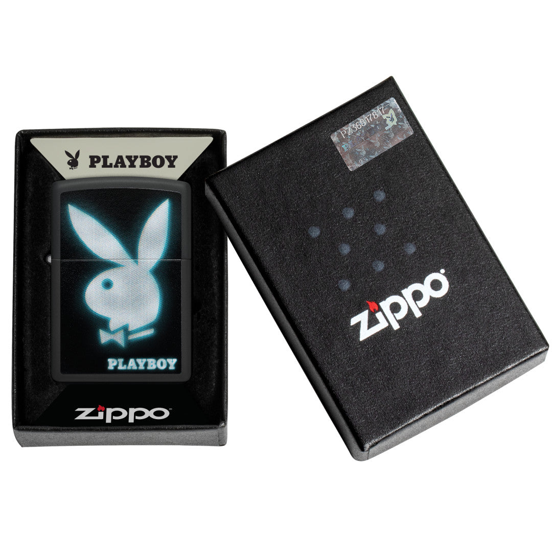 Zippo Playboy Blur Design Black Matte Windproof Lighter in its packaging.