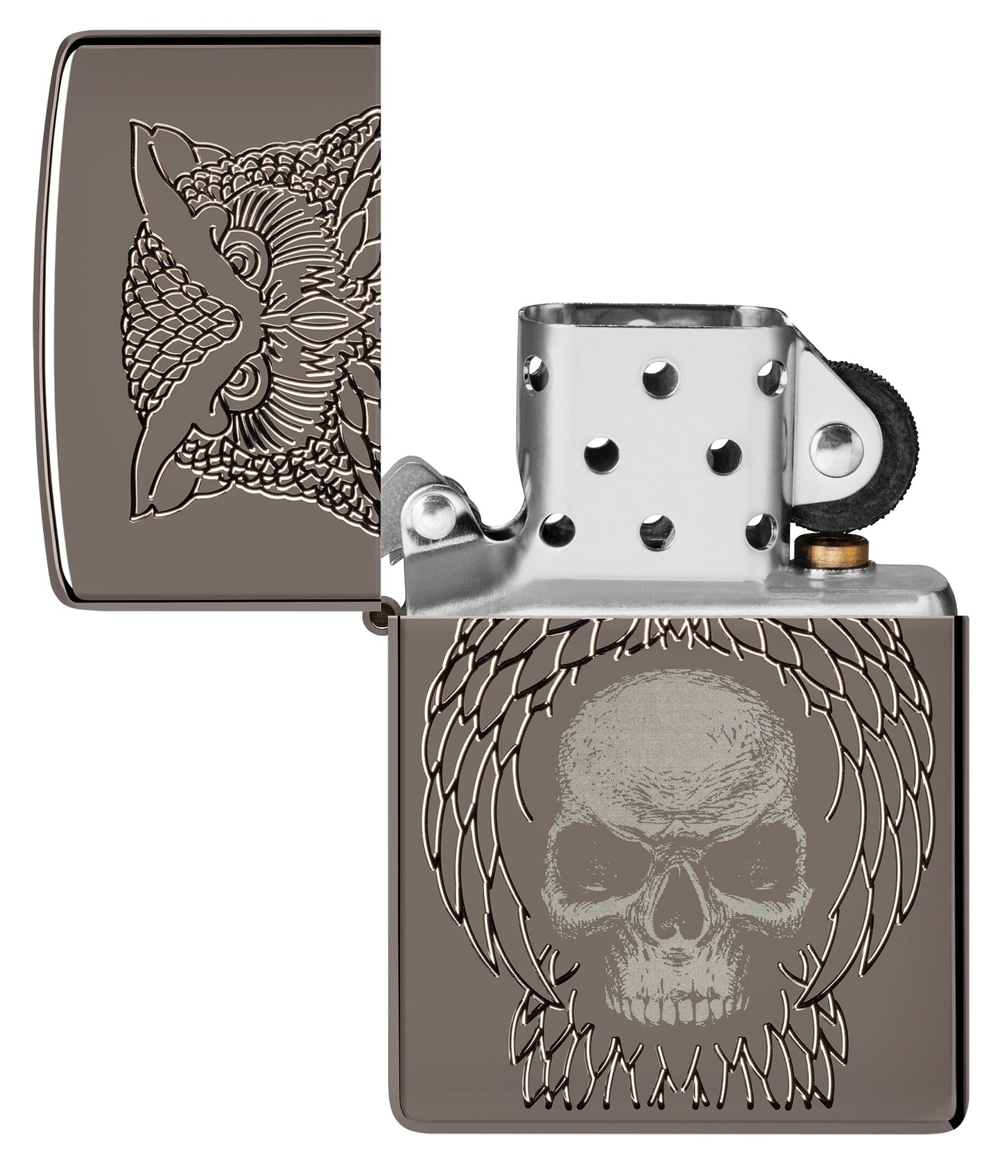 Zippo Night Owl Design Armor Black Ice Windproof Lighter with its lid open and unlit.