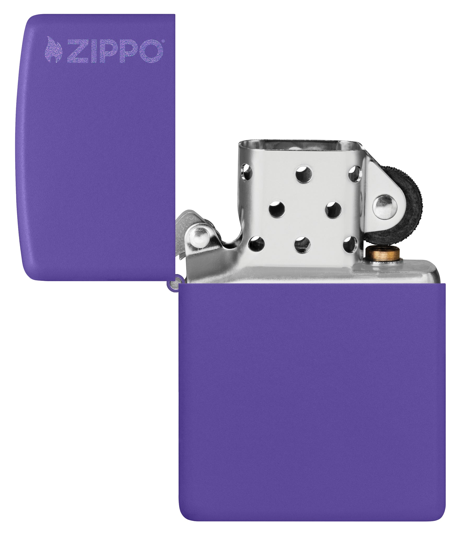 Classic Purple Matte Zippo Logo Windproof Lighter with its lid open and unlit.