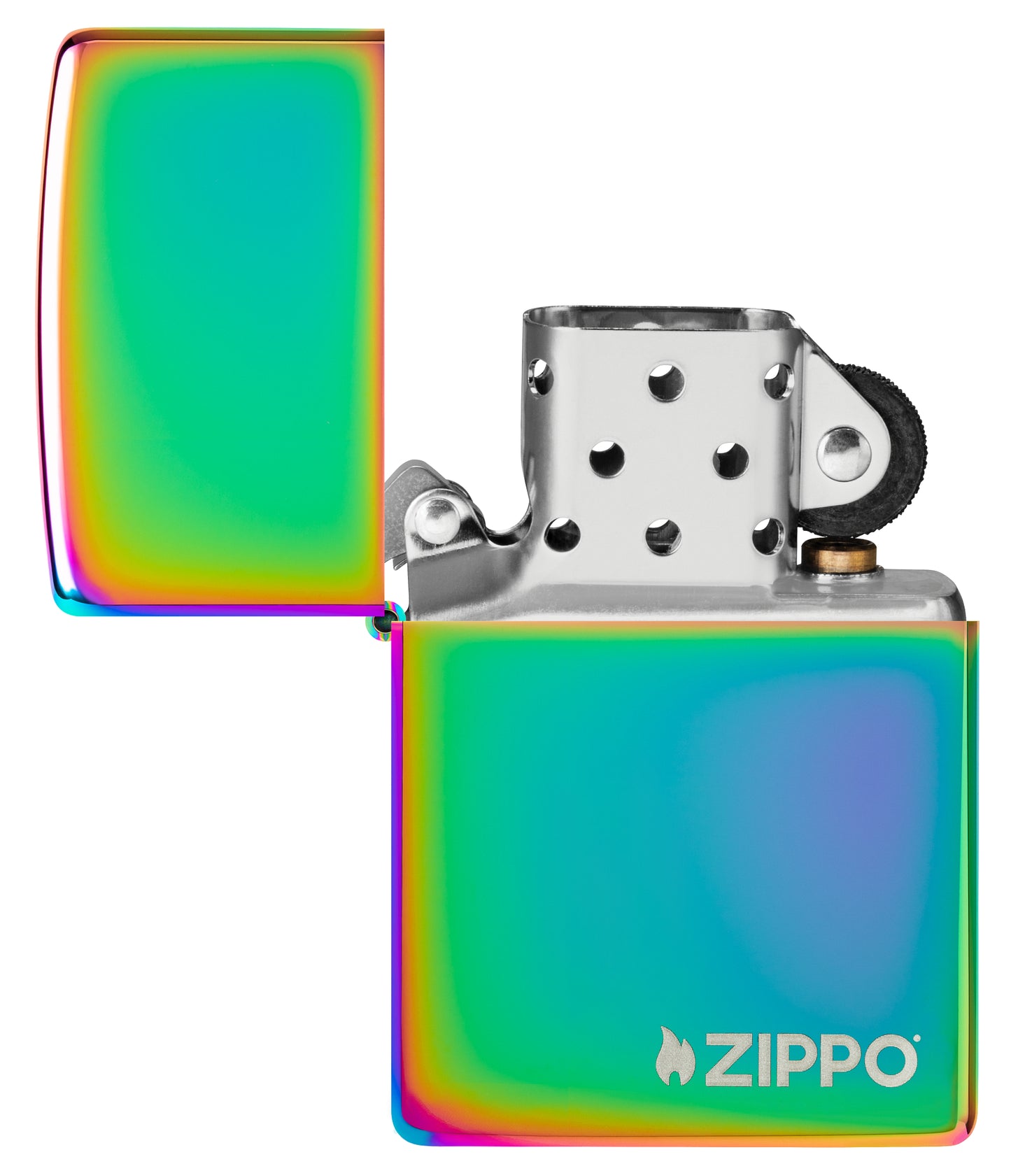 Classic Multi Color Zippo Logo Windproof Lighter with its lid open and unlit.