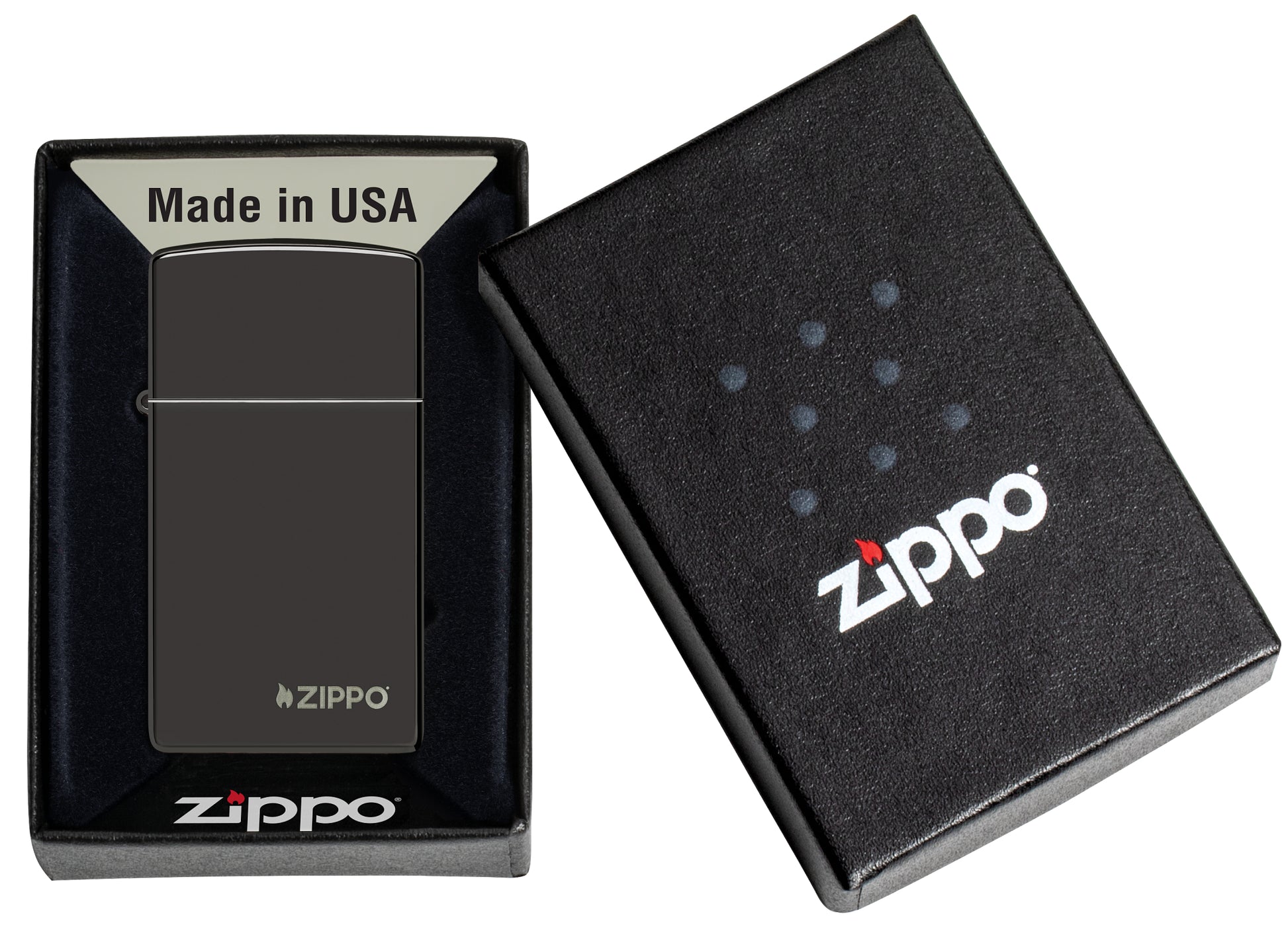 Slim® High Polish Black Zippo Logo Windproof Lighter in its packaging.