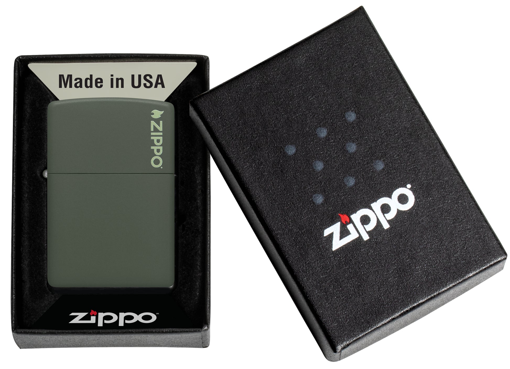 Classic Zippo Logo Green Matte Windproof Lighter in its packaging.