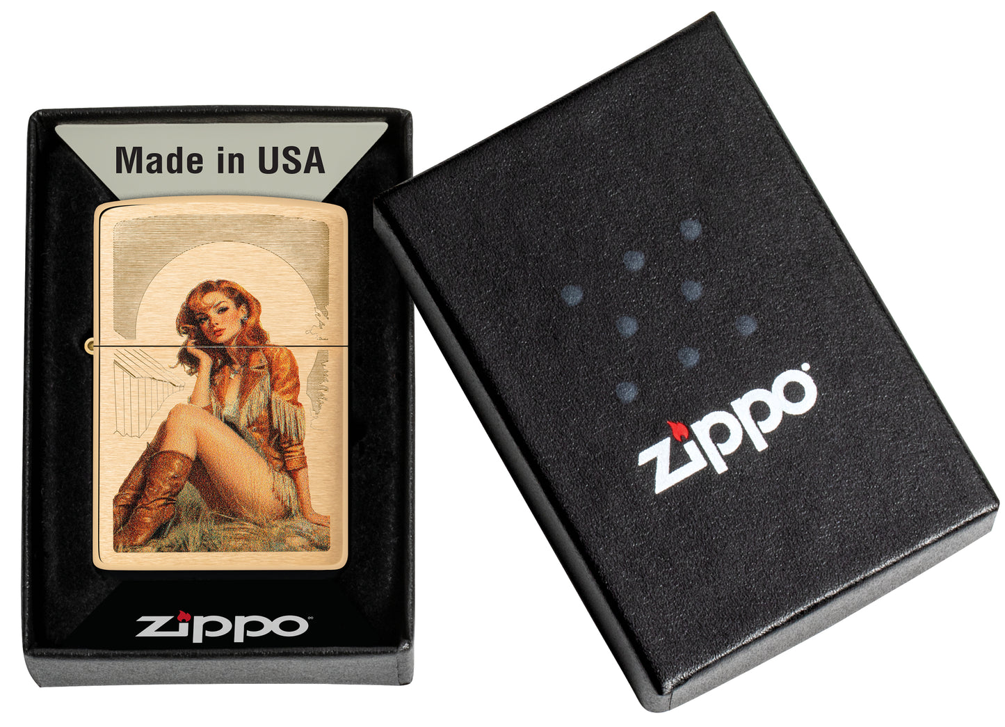Zippo Western Pinup Design Brushed Brass in its packaging.