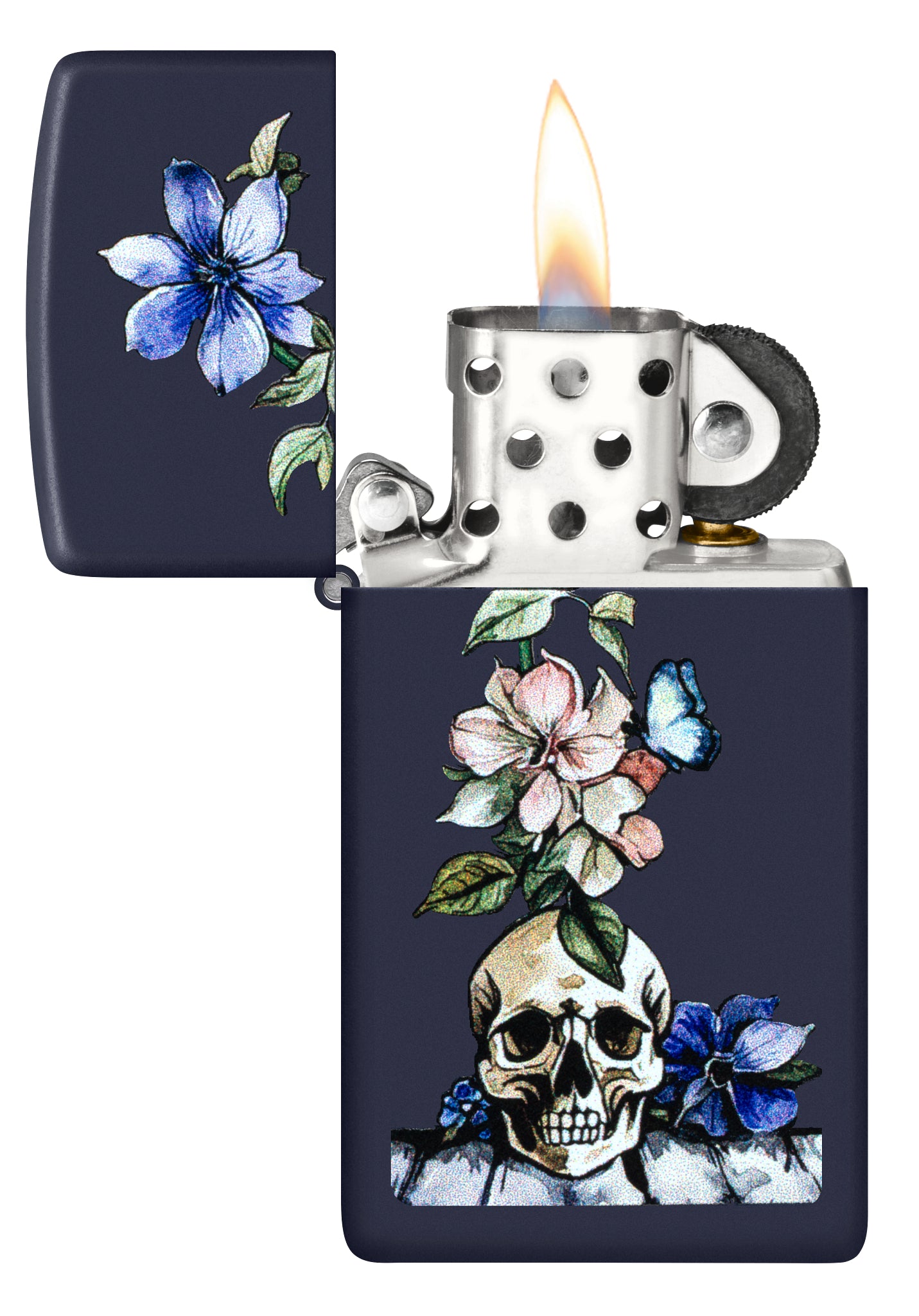 Zippo Bone Bouquet Design Slim Navy Matte Windproof Lighter with its lid open and lit.