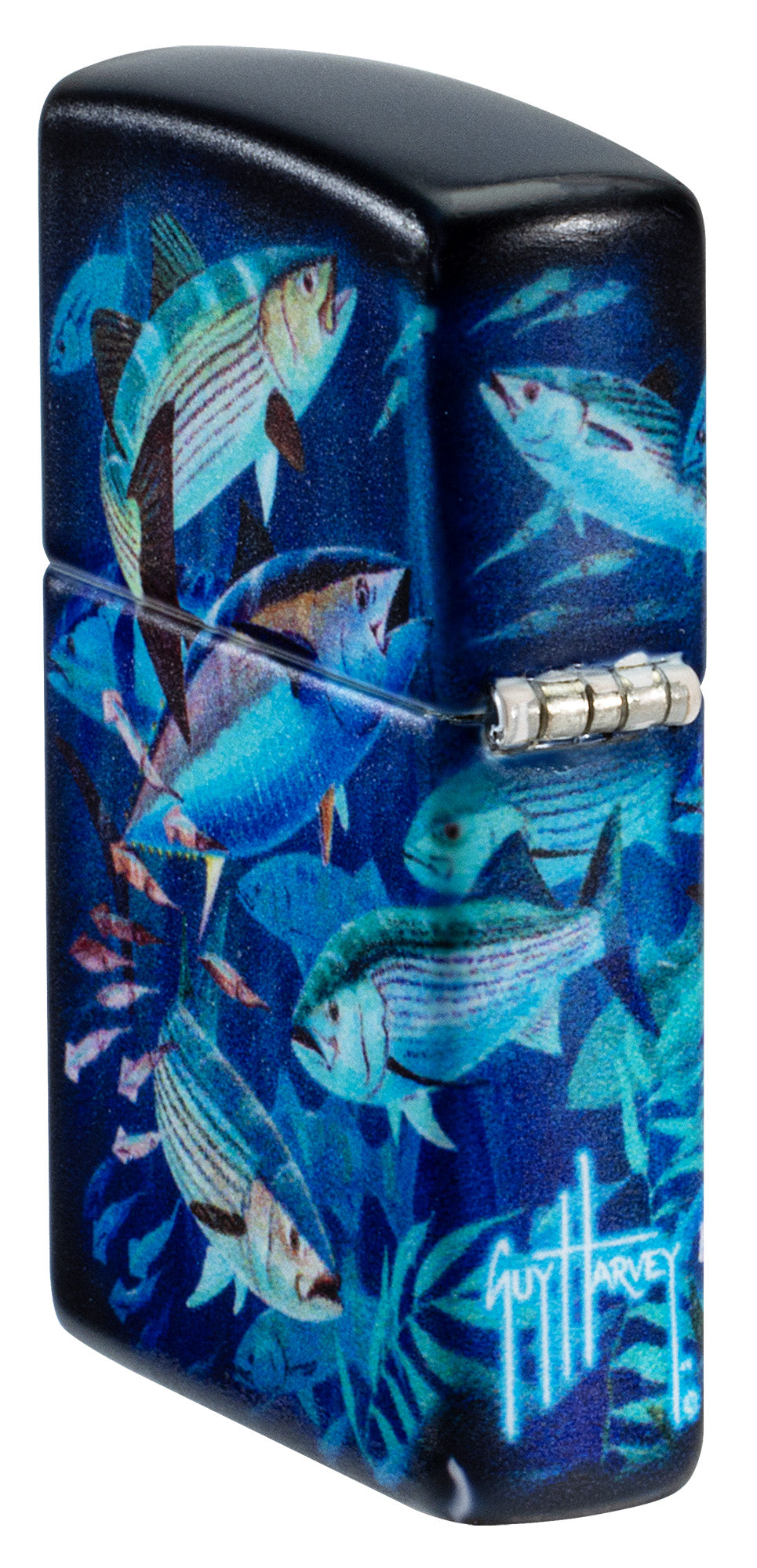Angled shot of Zippo Guy Harvey School of Fish Design White 540 Matte Windproof Lighter showing the back and hinge sides of the lighter.
