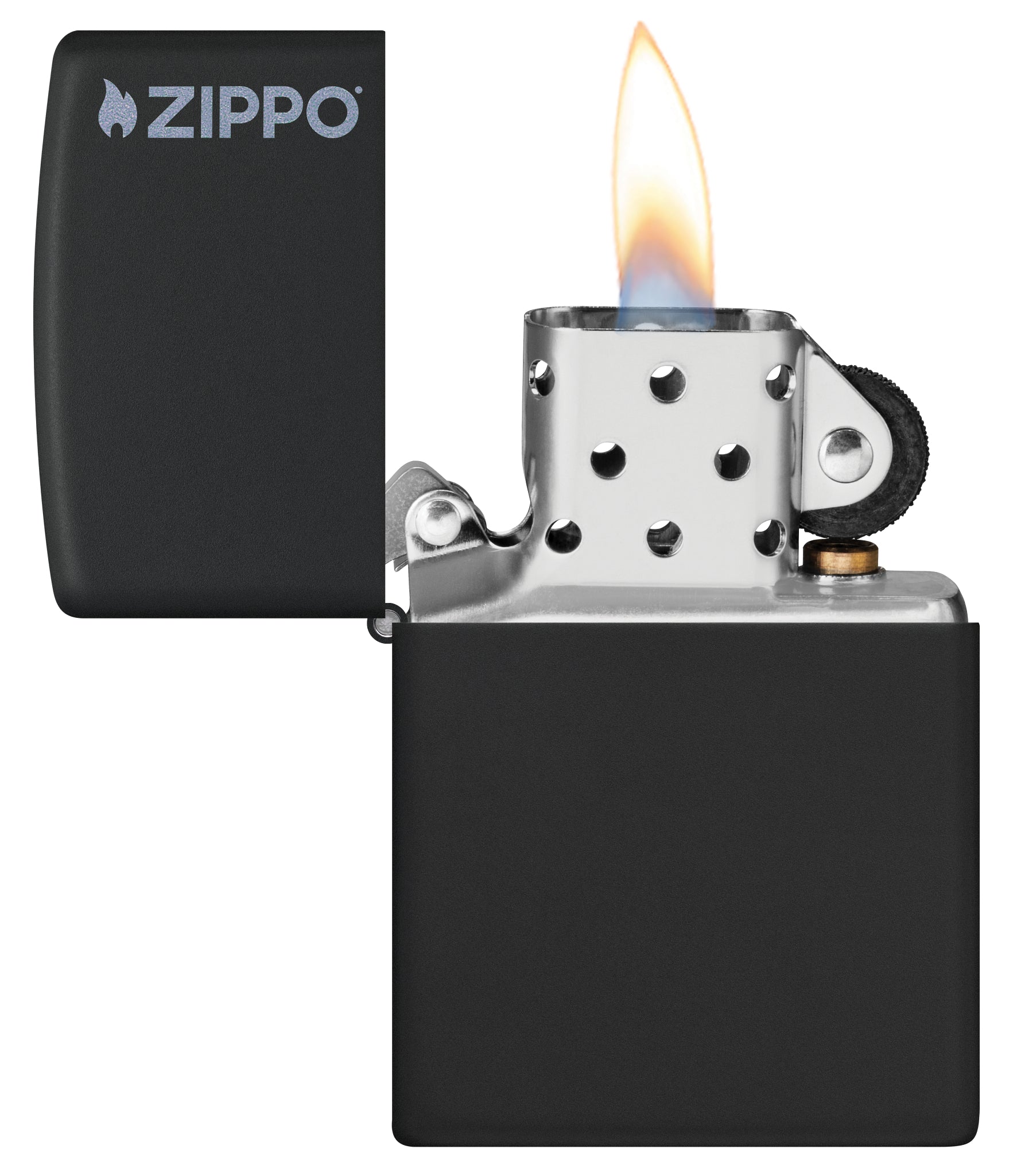 Classic Black Matte Zippo Logo Windproof Lighter with its lid open and lit.