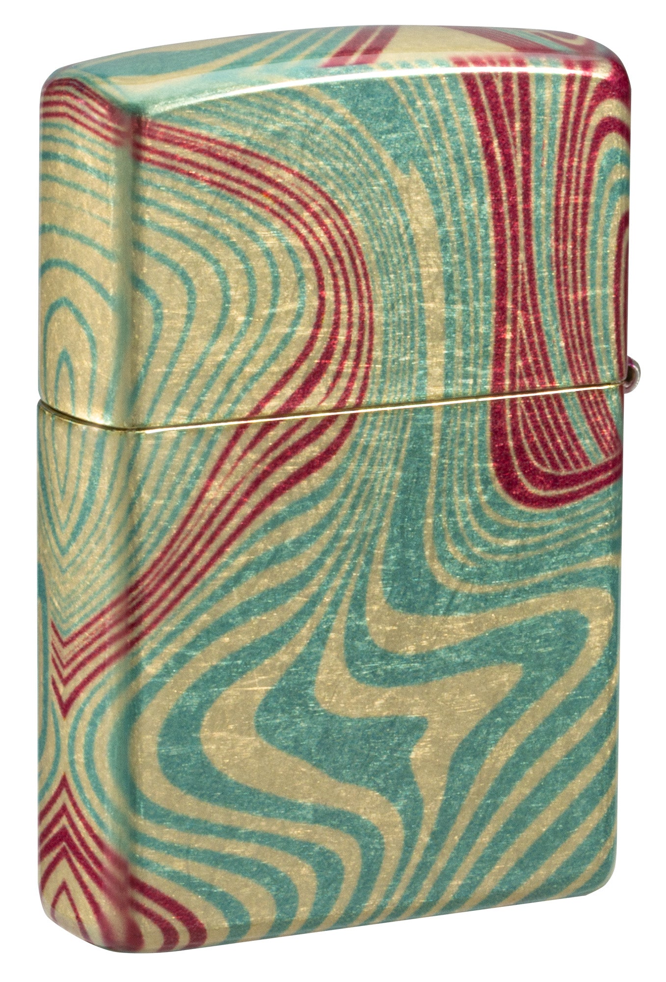 Back view of Zippo Zag Design 540 Tumbled Brass Windproof Lighter standing at a 3/4 angle.