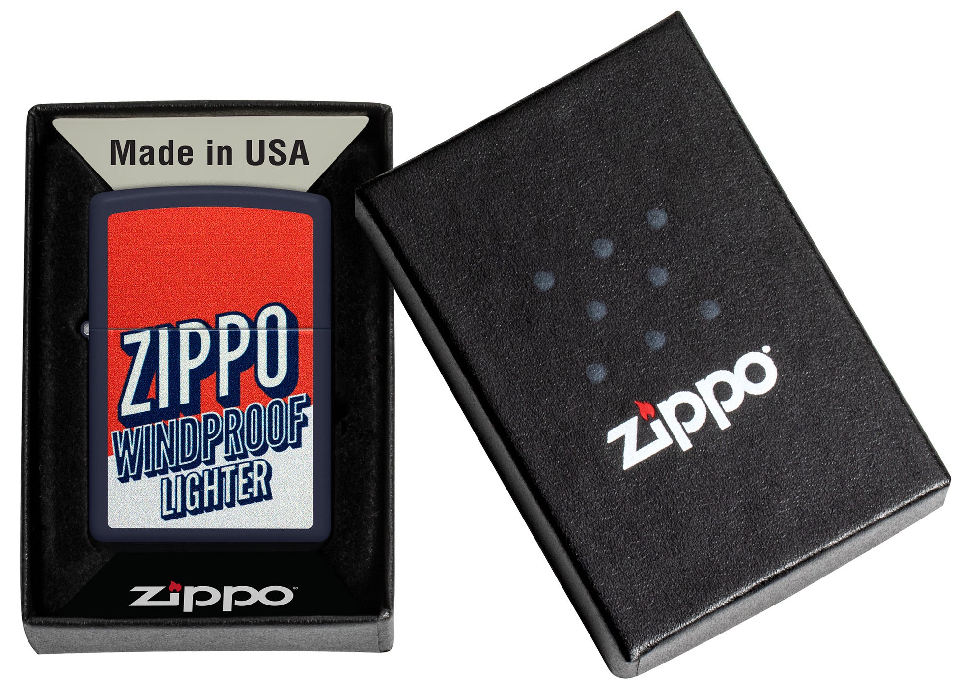Zippo Color Block Zippo Design Navy Matte Windproof Lighter in its packaging.