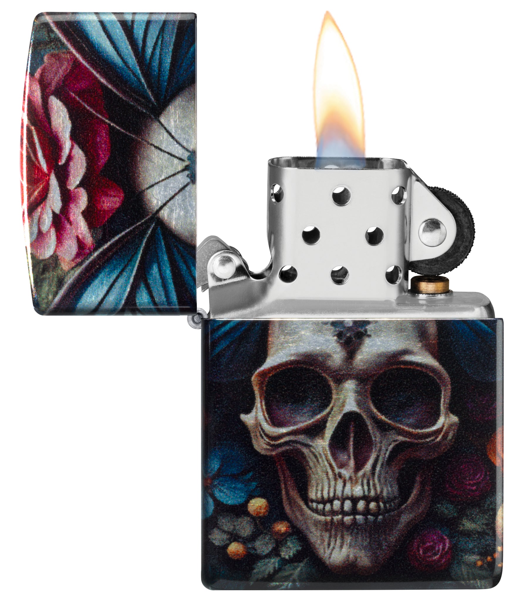 Zippo Butterfly Skull Design 540 Tumbled Chrome Windproof Lighter  with its lid open and lit.