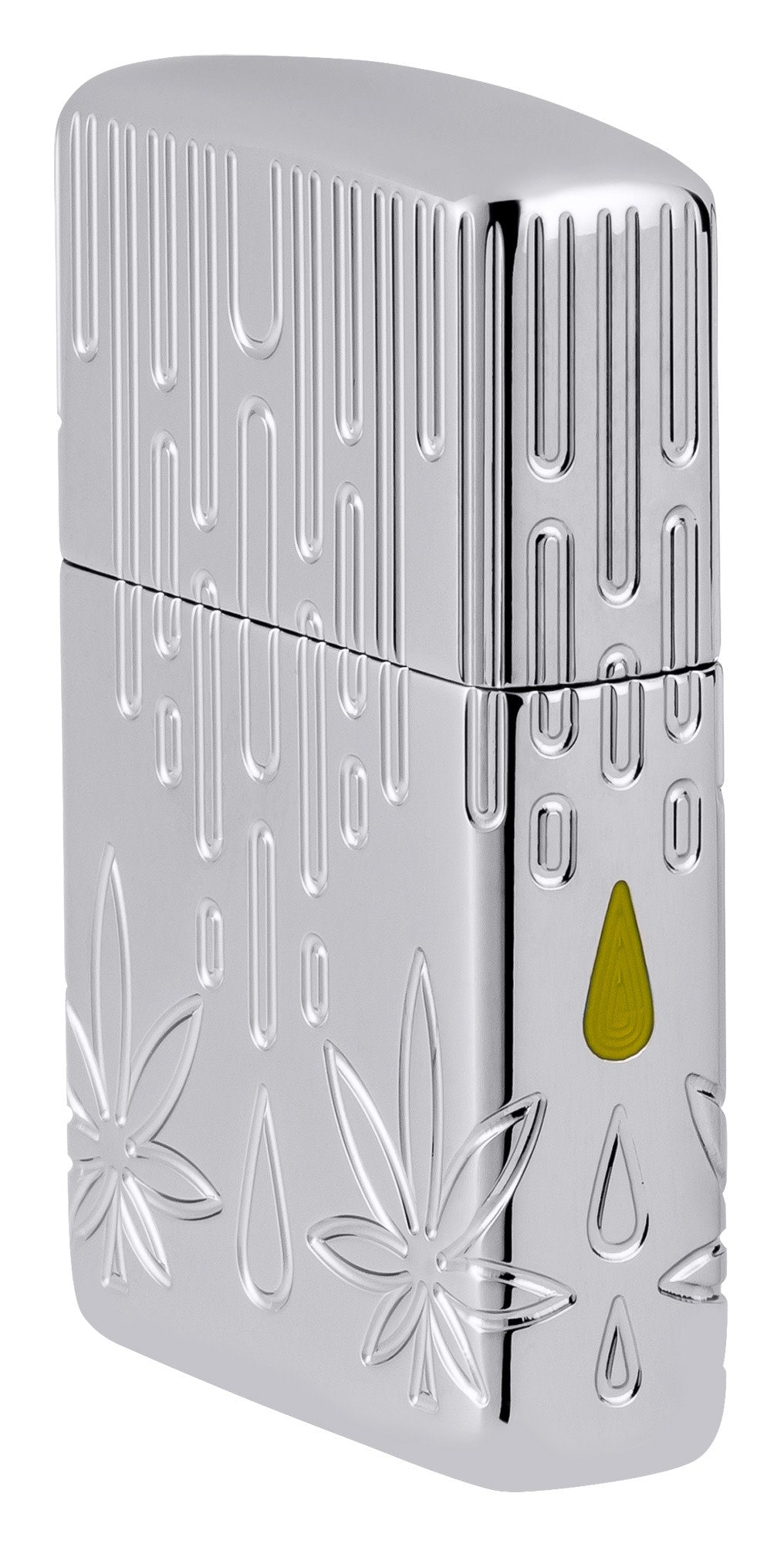 Angled shot of Zippo Waxy Leaf Design Armor® High Polish Chrome Windproof Lighter showing the front and right side of the lighter.