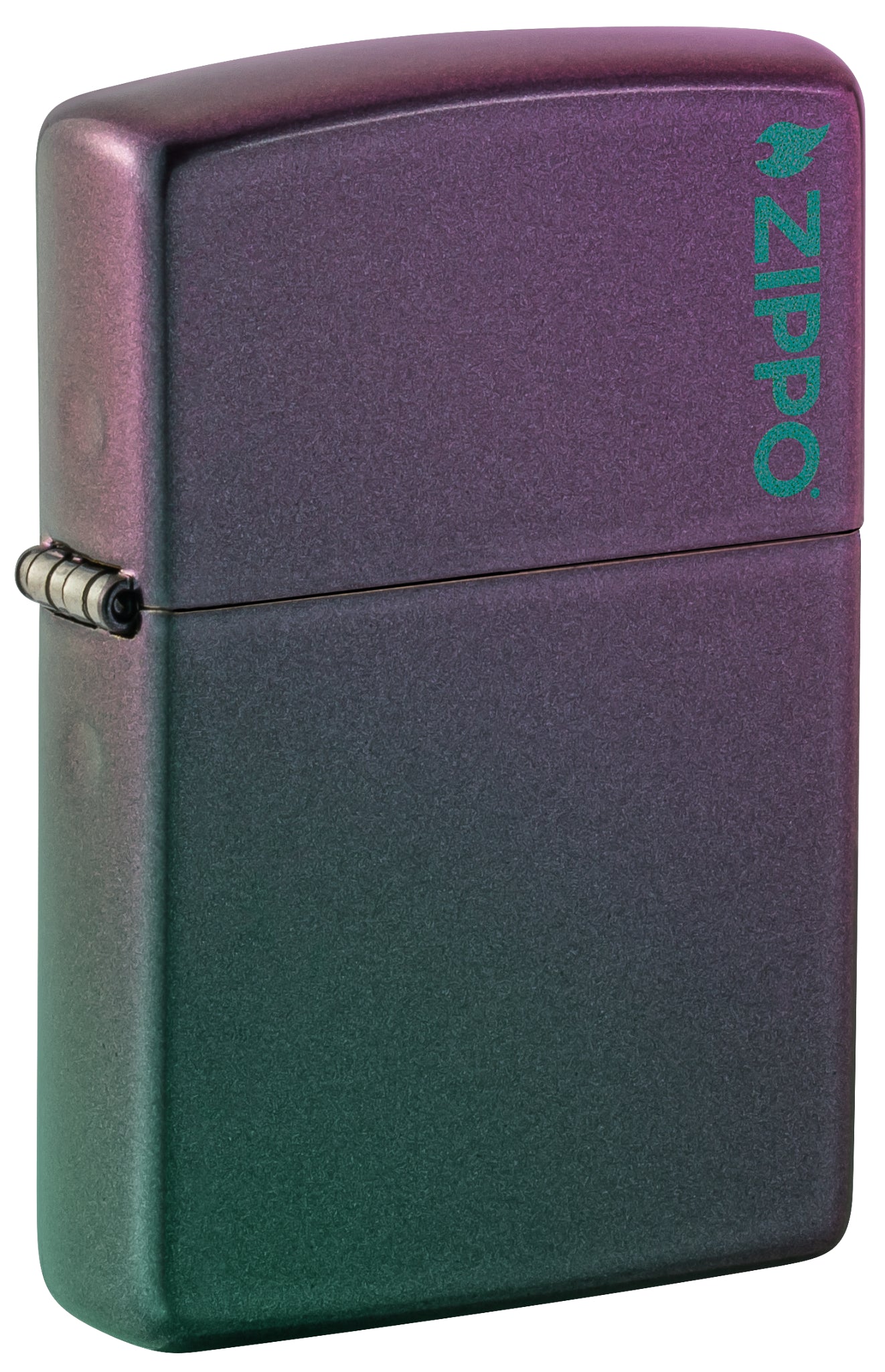 Front shot of Classic Iridescent Zippo Logo Windproof Lighter standing at a 3/4 angle.