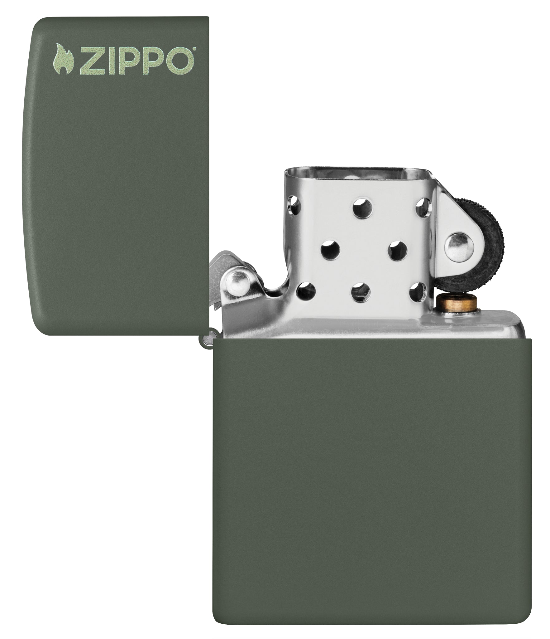 Classic Zippo Logo Green Matte Windproof Lighter with its lid open and unlit.