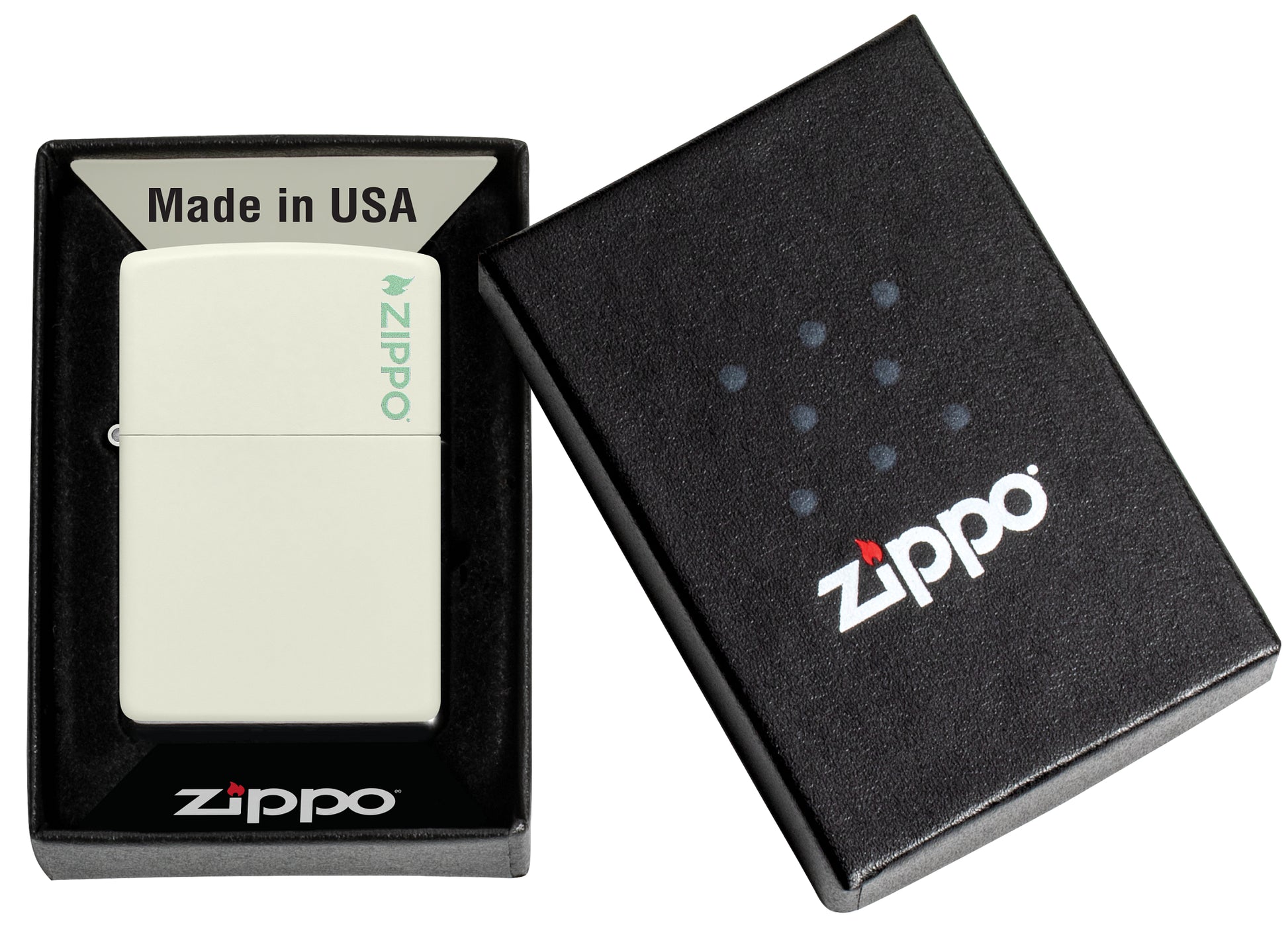 Classic Glow In The Dark Zippo Logo Windproof Lighter in its packaging.