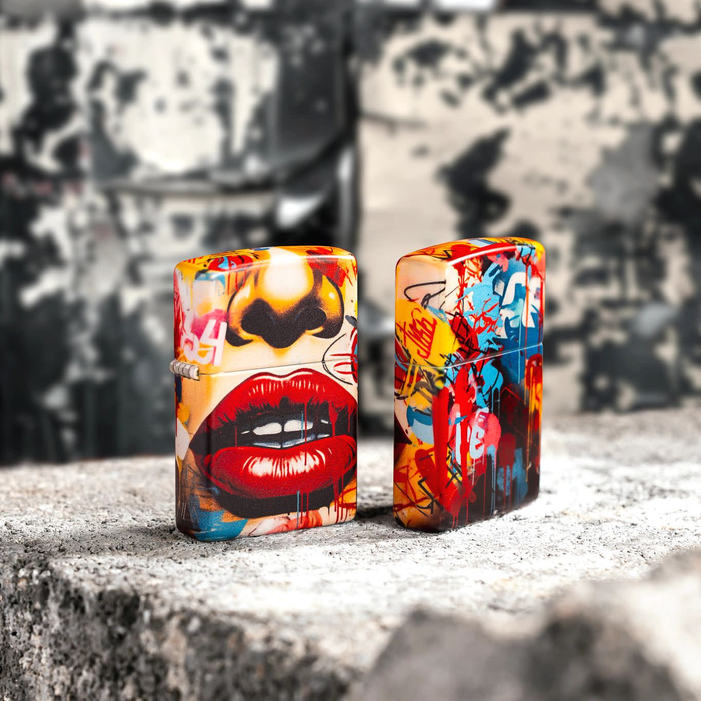 Lifestyle image of two Zippo Street Art Design 540 Matte Windproof Lighters standing on a cement block, one showing the front of the lighter and the other showing the back.