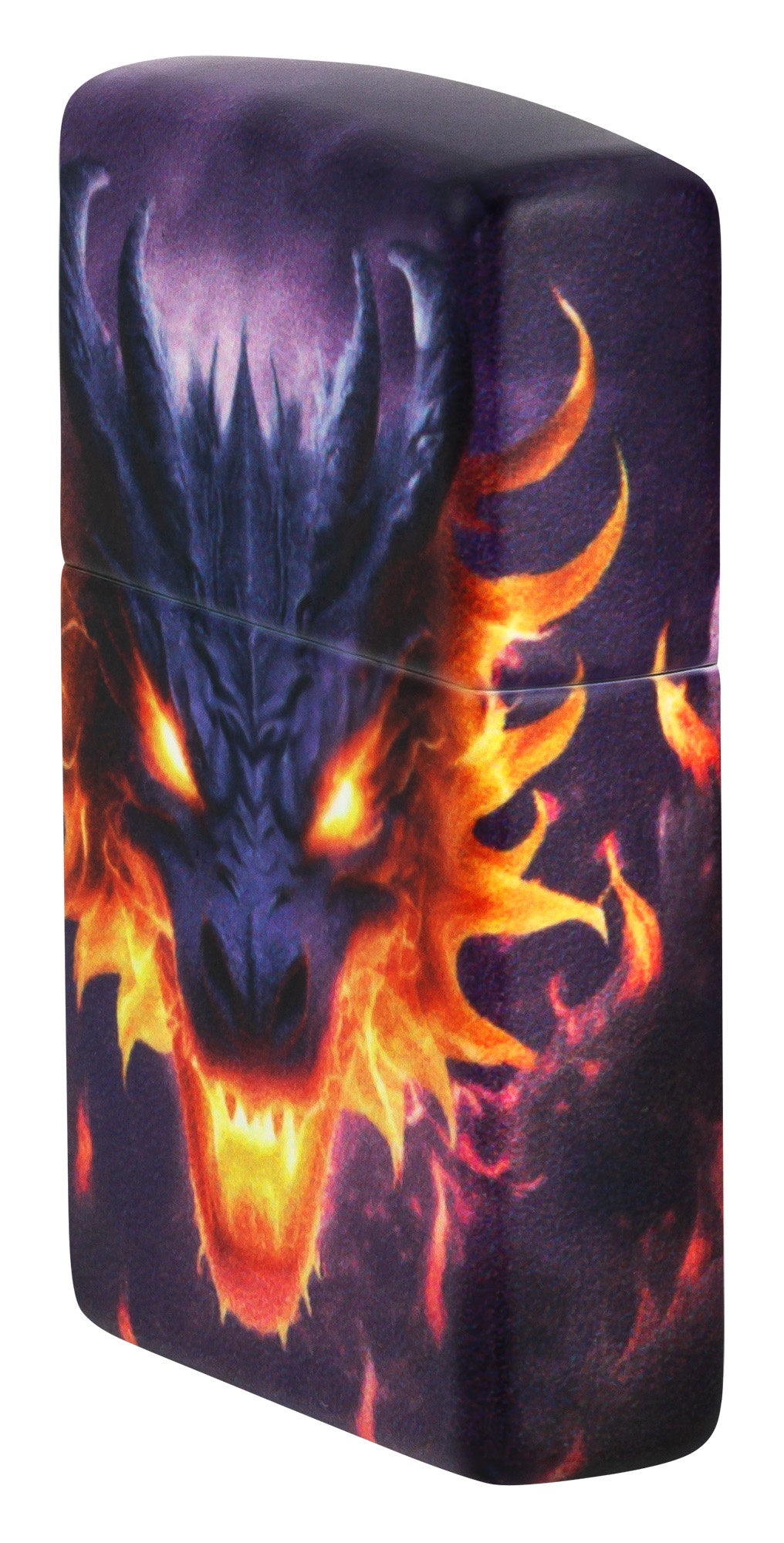 Angled shot of Zippo Glowing Dragon Design 540 Color Glow in the Dark Windproof Lighter showing the front and right side of the lighter.