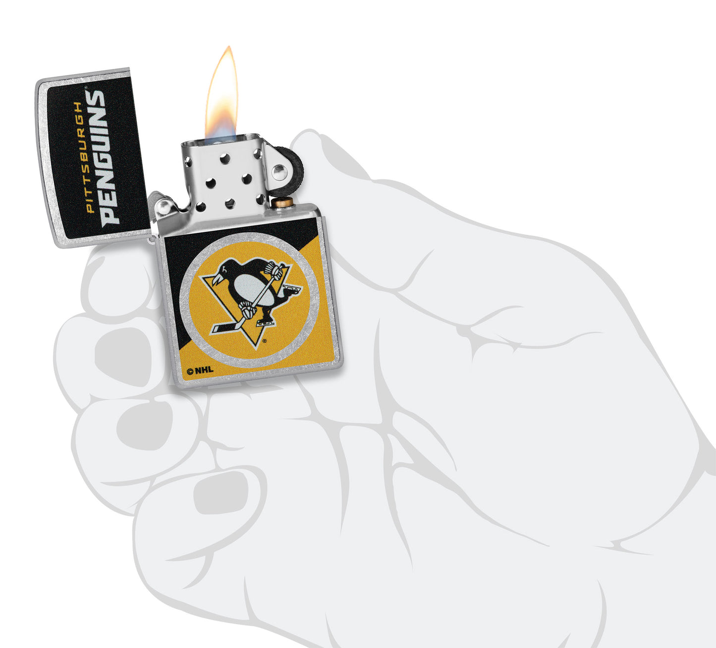 Zippo NHL® Pittsburgh Penguins® 2024 Street Chrome™ Windproof Lighter in its packaging.