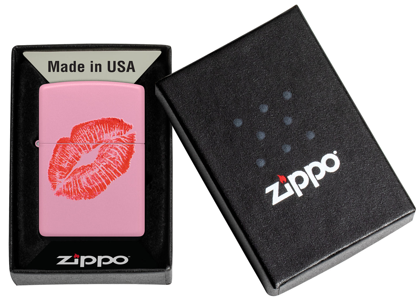 Zippo Smooches Design Pink Matte Windproof Lighter in its packaging.
