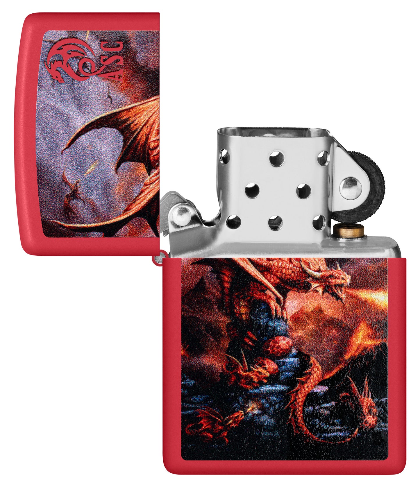 Zippo Anne Stokes Fire Dragon Design Red Matte Windproof Lighter with its lid open and unlit.