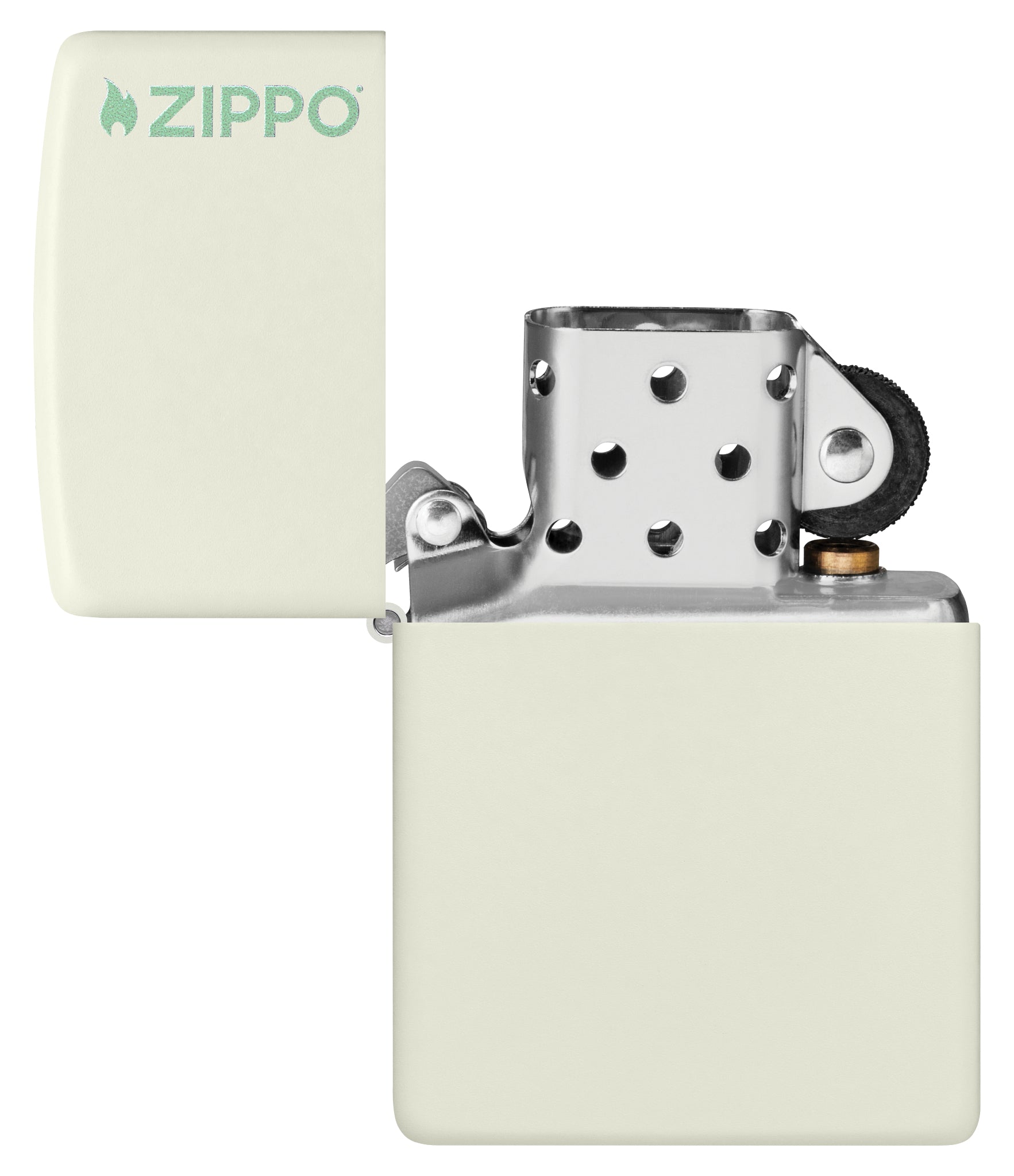 Classic Glow In The Dark Zippo Logo Windproof Lighter with its lid open and unlit.
