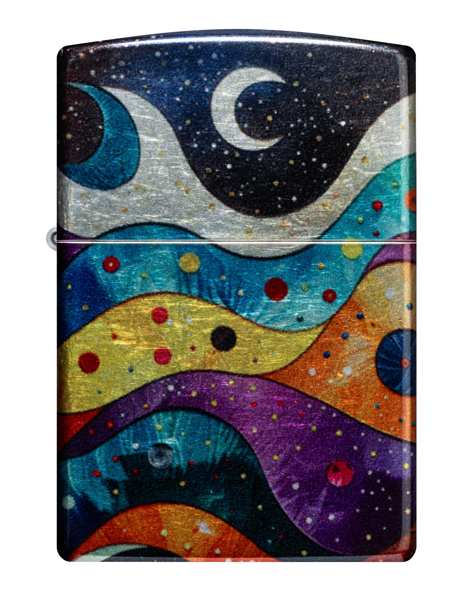 Front shot of Zippo Space Fusion Design 540 Tumbled Chrome Windproof Lighter.