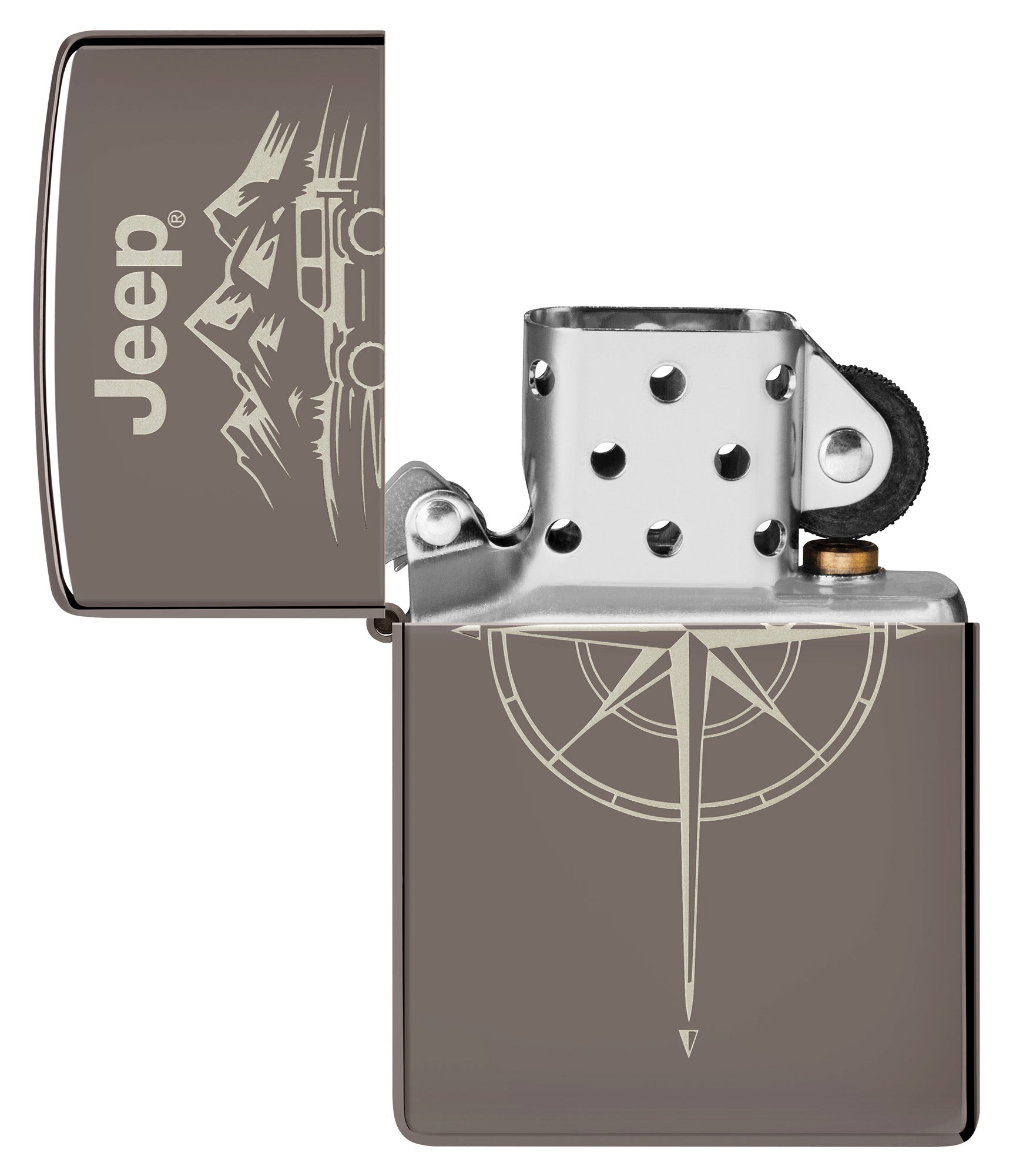 Zippo Jeep® Wilderness Design Black Ice Windproof Lighter with its lid open and unlit.