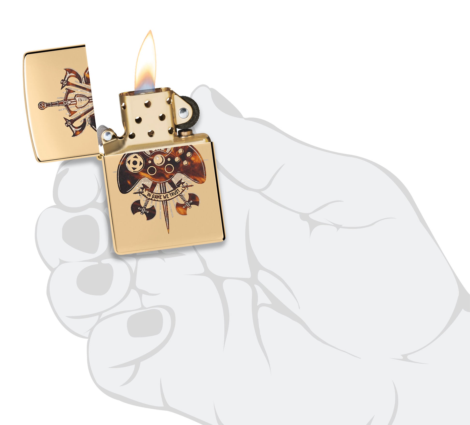 Zippo Gamer Creed Design High Polish Brass Windproof Lighter lit in hand.