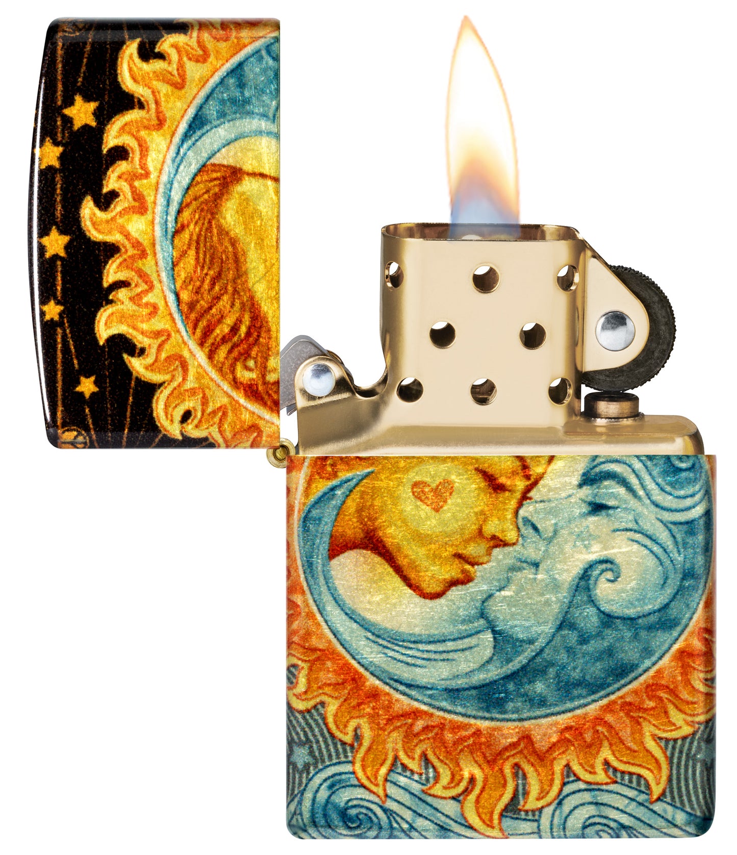 Zippo Star-Crossed Lovers Design 540 Tumbled Brass Windproof Lighter with its lid open and lit.