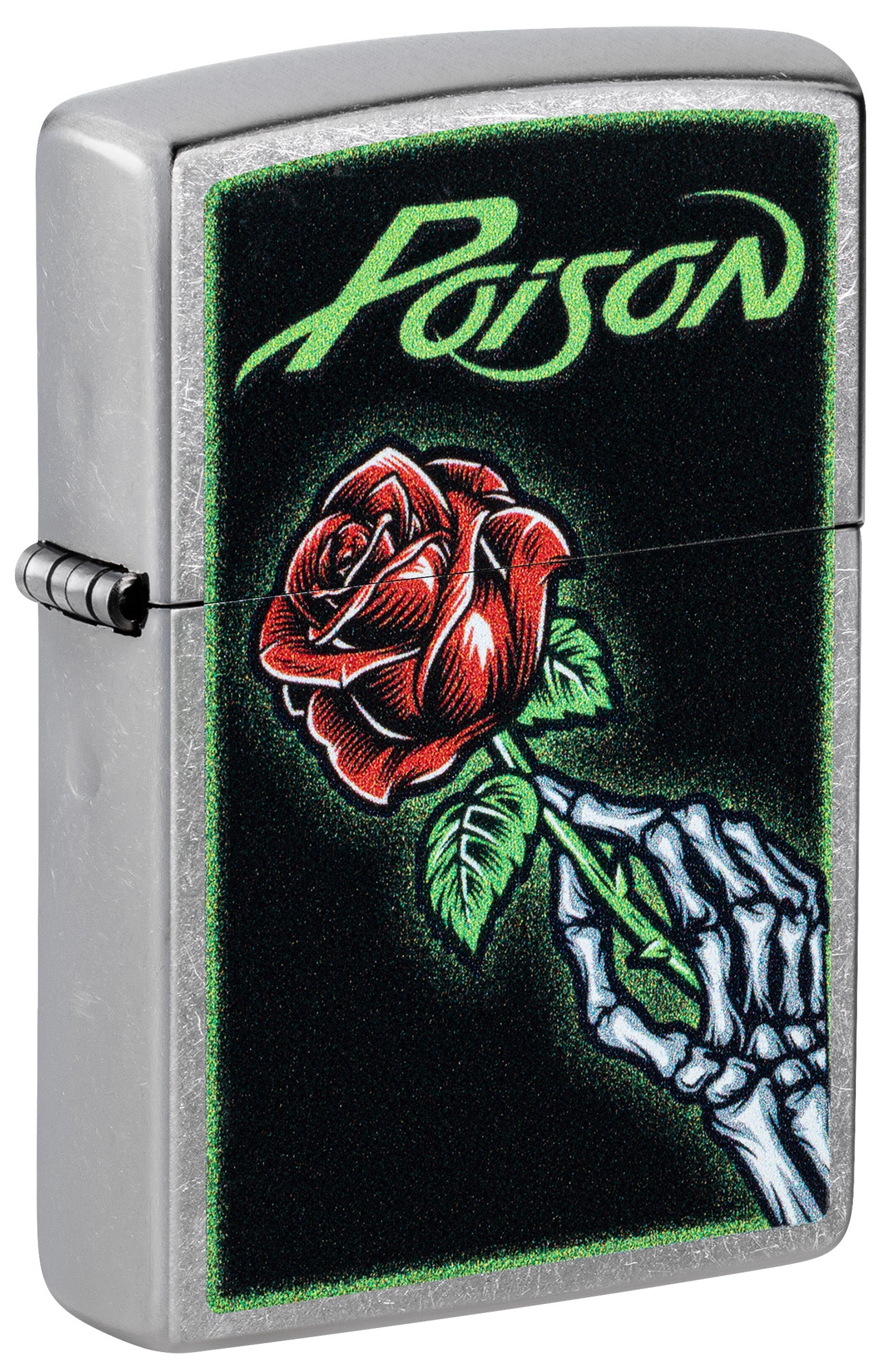 Front shot of Zippo Poison Vibrant Rose Design Street Chrome Windproof Lighter standing at a 3/4 angle.